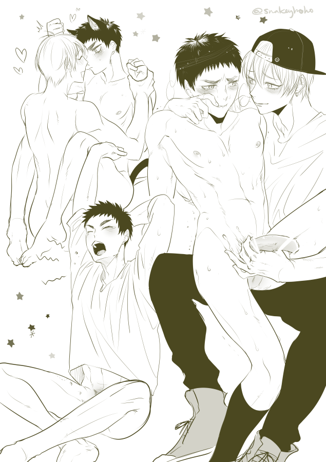 2boys black_hair black_legwear blush cap cat_ears cat_tail catboy censored clothed_male_nude_male heart implied_sex kasamatsu_yukio kise_ryouta kuroko_no_basuke looking_at_another male male_focus multiple_views nude penis penis_grab shirt smile snakeyhoho spot_color tail yaoi