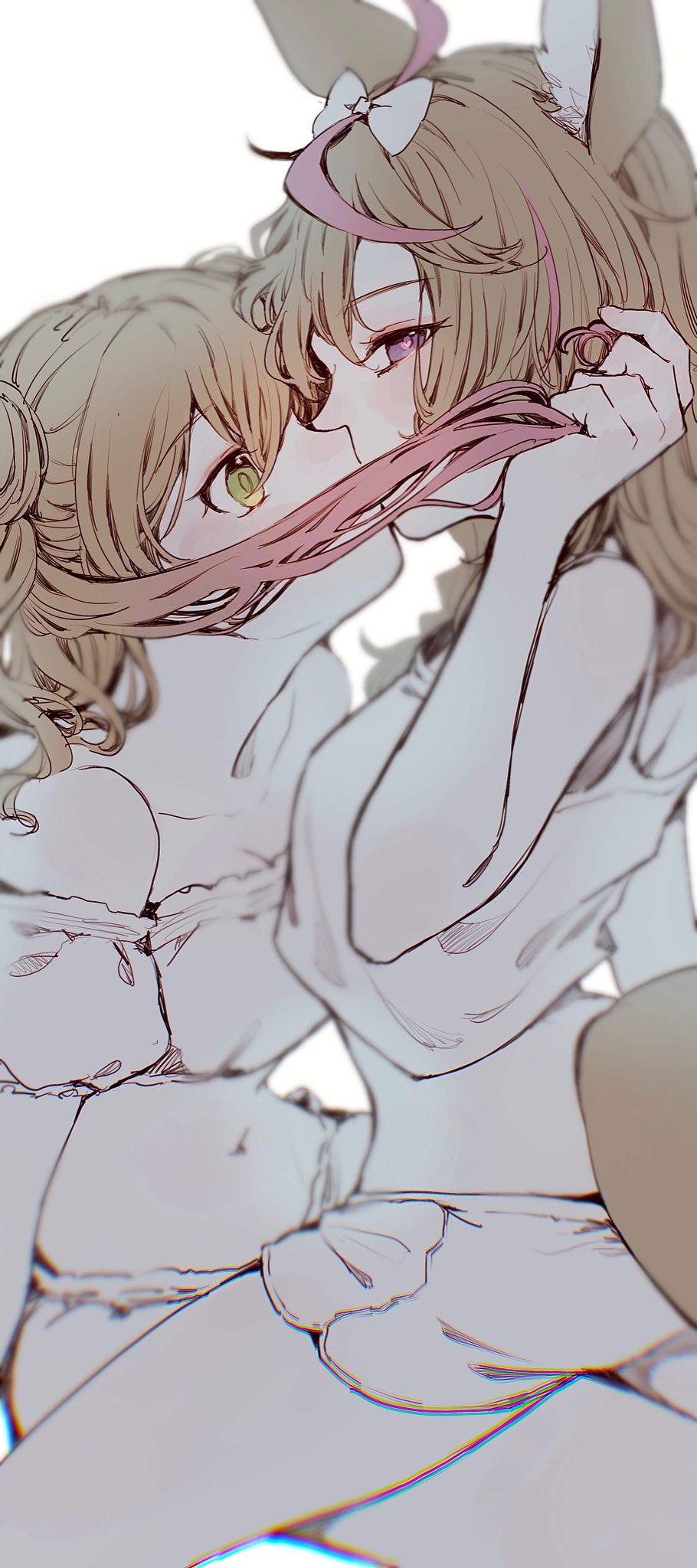2girls, animal ears, bangs, belly, belly button, blonde hair, blush, breasts, female, female only, fennec, fox ears, fox girl, fox tail, green eyes, hair ribbon, hololive, hololive gen 5, hololive japan, kissing, long hair, looking at viewer, medium breasts, midriff, momosuzu nene, multicolored hair, multiple females, multiple girls, navel, nightwear, omaru polka, shorts, shoulders, sitting, sitting on lap, sitting on person, stomach, tail, tank top, tied hair, virtual youtuber, white background, yuri
