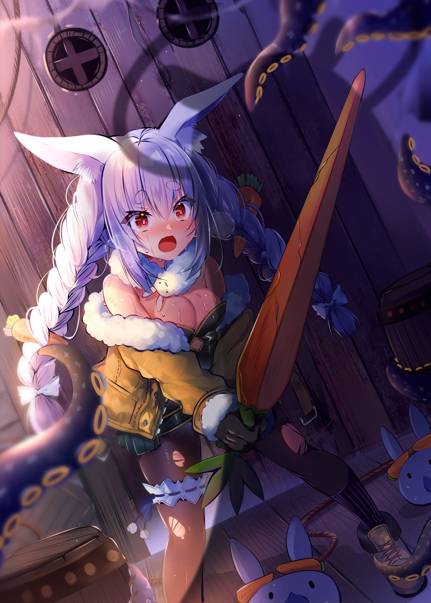 barrel, boots, breasts, bunny ears, bunny girl, carrot, carrot hair ornament, carrot sword, cleavage, coat, exhausted, female, flush, fur, gloves, hair ribbon, hololive, hololive english, hololive fantasy, hololive japan, hololive myth, imminent fight, imminent rape, imminent tentacle rape, imminent tentacle sex, leg band, leggings, ninomae ina'nis, open mouth, panting, ripped leggings, rope, scarf, shoulders, small breasts, sweat, sweatdrop, sword, tentacle, tied hair, usada pekora, virtual youtuber, yuri