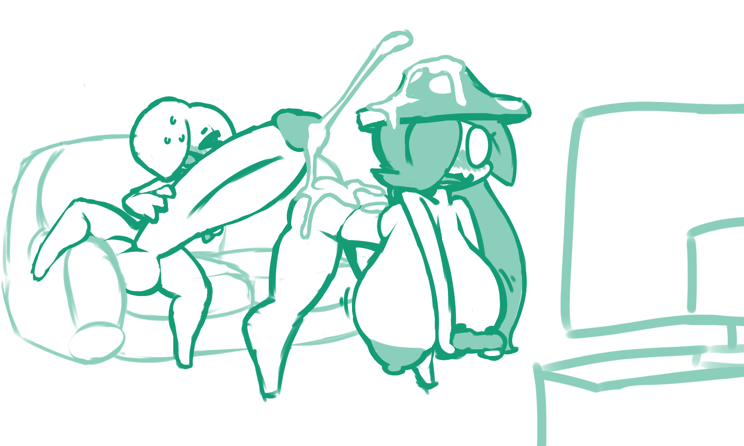 2020, anthro, ass, balls, big balls, big breasts, big penis, blush, breasts, casual bukkake, casual nudity, cheating, closed eyes, controller, couch, cum, cum on ass, cum on back, cum on body, cum on hat, cumming, enoki (vonjungle), female, flora fauna, focus, hand on penis, huge balls, huge cock, male, naked, nude, nude female, nude male, nudity, oliver (screwroot), open mouth, penis, playing videogame, screwroot, smile, surprise, sweat, television, white background