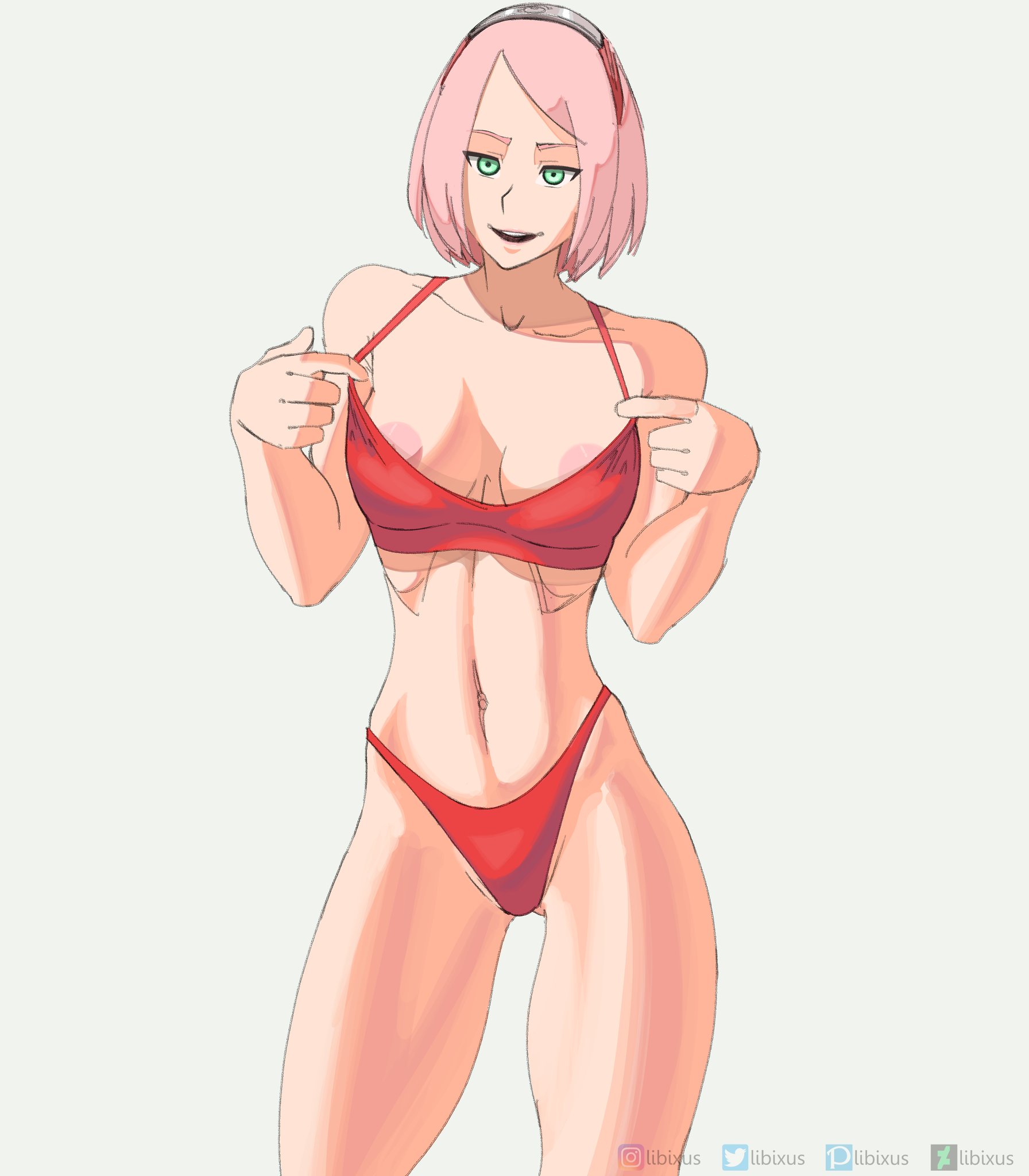 1girls, areola slip, areolae, bare legs, bare shoulders, bra, bra pull, breasts, female, female only, fit, fit female, hairband, highleg, highleg panties, libixus, long legs, midriff, naruto, naruto (series), naruto shippuden, naruto: the last, nipples, open mouth, panties, red hairband, sakura haruno, smile, solo, standing, underwear, undressing