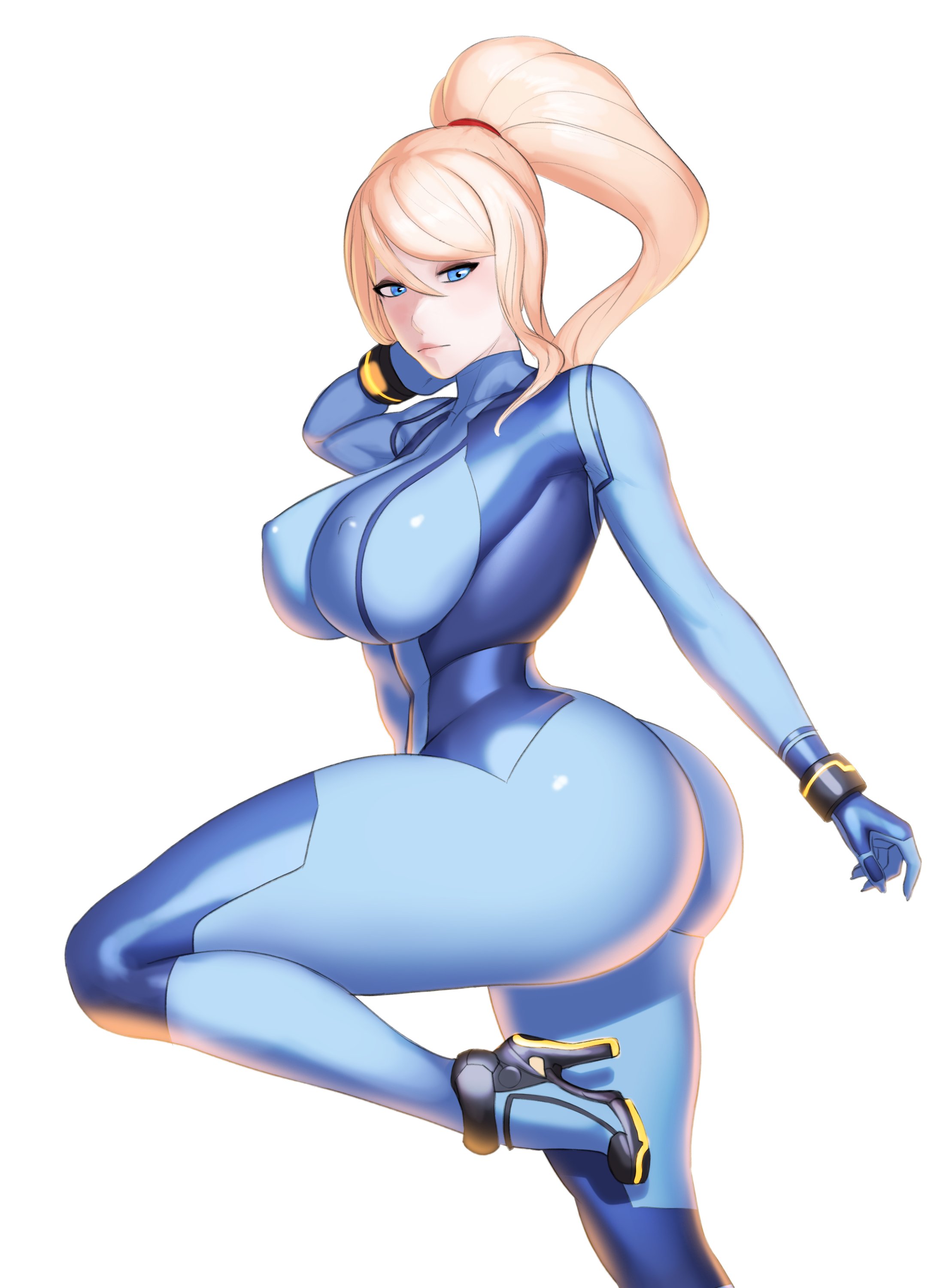 1girls, ass, bimbo, blonde hair, bodysuit, breasts, bubble ass, bubble butt, female, female only, metroid, popogori, samus aran, solo, thick thighs, voluptuous, wide hips, zero suit, zero suit samus