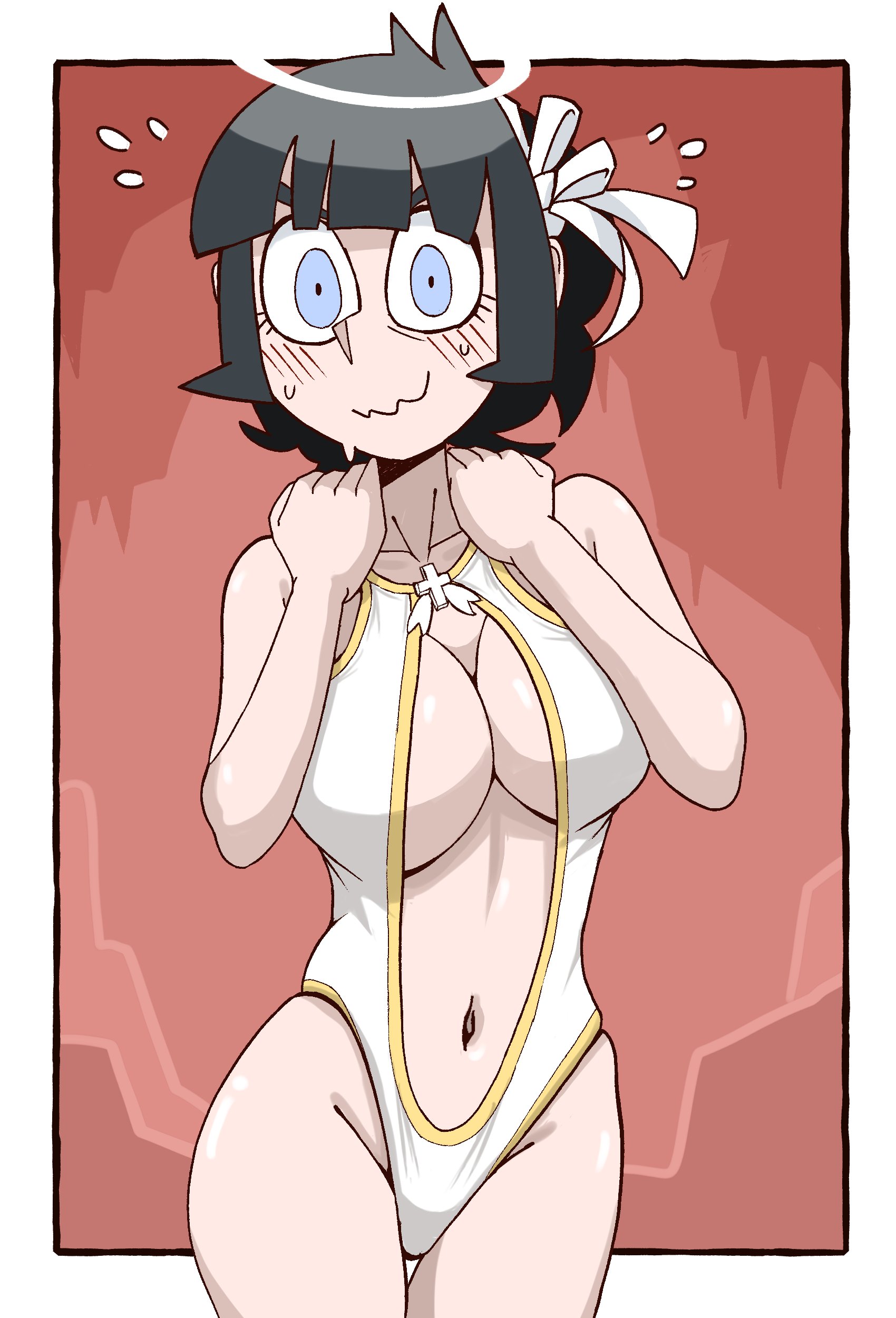 1girls, angel, angel girl, azazel (helltaker), black hair, blue eyes, blush, blushing, cleavage, halo, helltaker, nervous, nervous smile, swimsuit, yorunogara