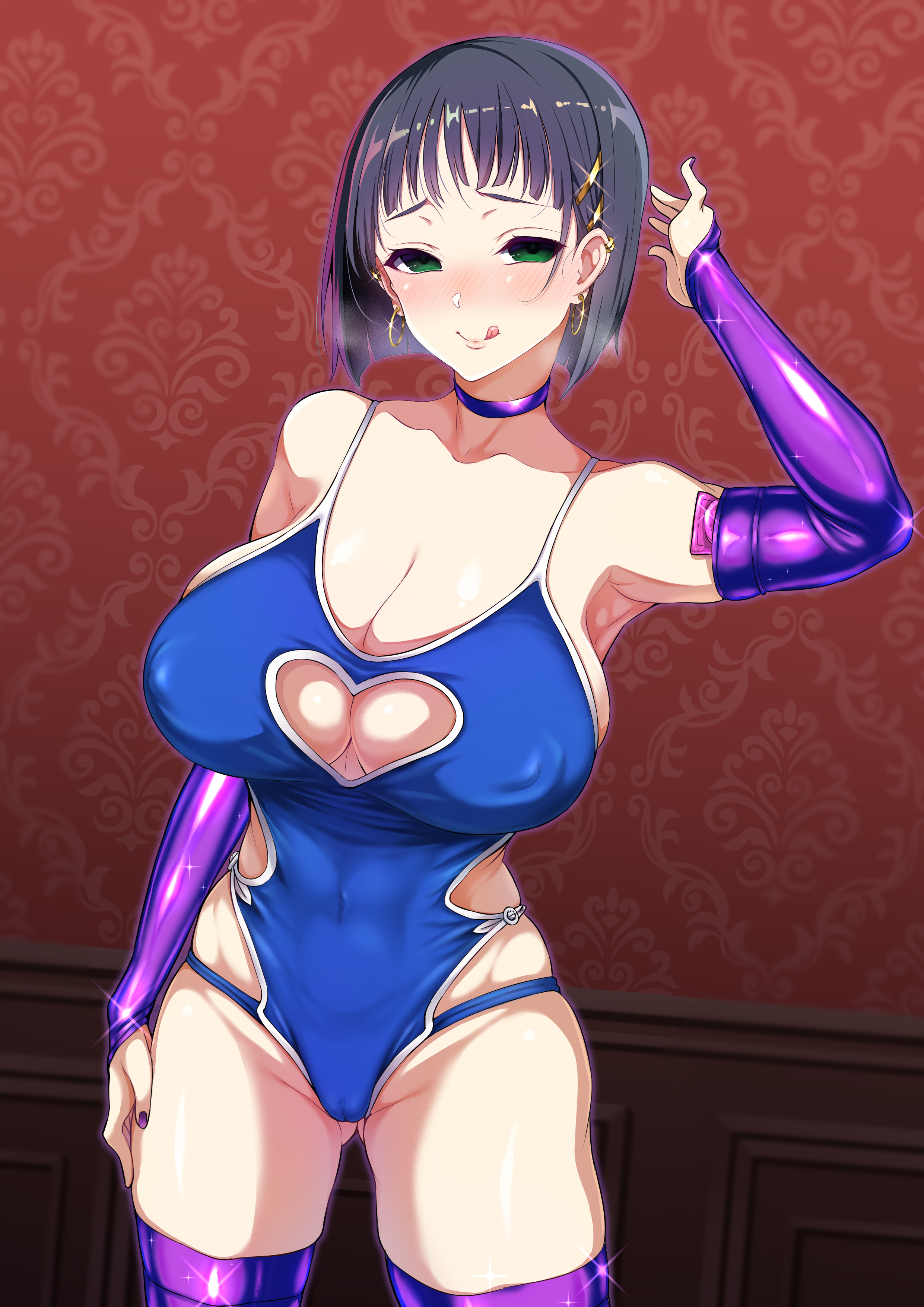 1girls, 2021, arm up, armpits, ass visible through thighs, belly button, black hair, blue swimsuit, blush, breasts, choker, cleavage, cleavage cutout, cleavage window, condom, detailed background, ear piercing, earrings, empty eyes, erect nipples, erect nipples under clothes, exposed shoulders, female, female focus, female only, green eyes, hair clips, hair ornament, heart-shaped cleavage window, hi res, highleg swimsuit, hips, hoop earrings, hourglass figure, huge breasts, indoors, kirigaya suguha, licking lips, long gloves, naughty face, nipples, one-piece swimsuit, painted nails, purple choker, purple gloves, purple thighhighs, school swimsuit, shiny skin, short hair, slim waist, suggestive look, swimsuit, sword art online, tanizakura shidare, thick thighs, thigh gap, thighhighs, thighs grab, tight swimsuit, tongue, tongue out, wide hips