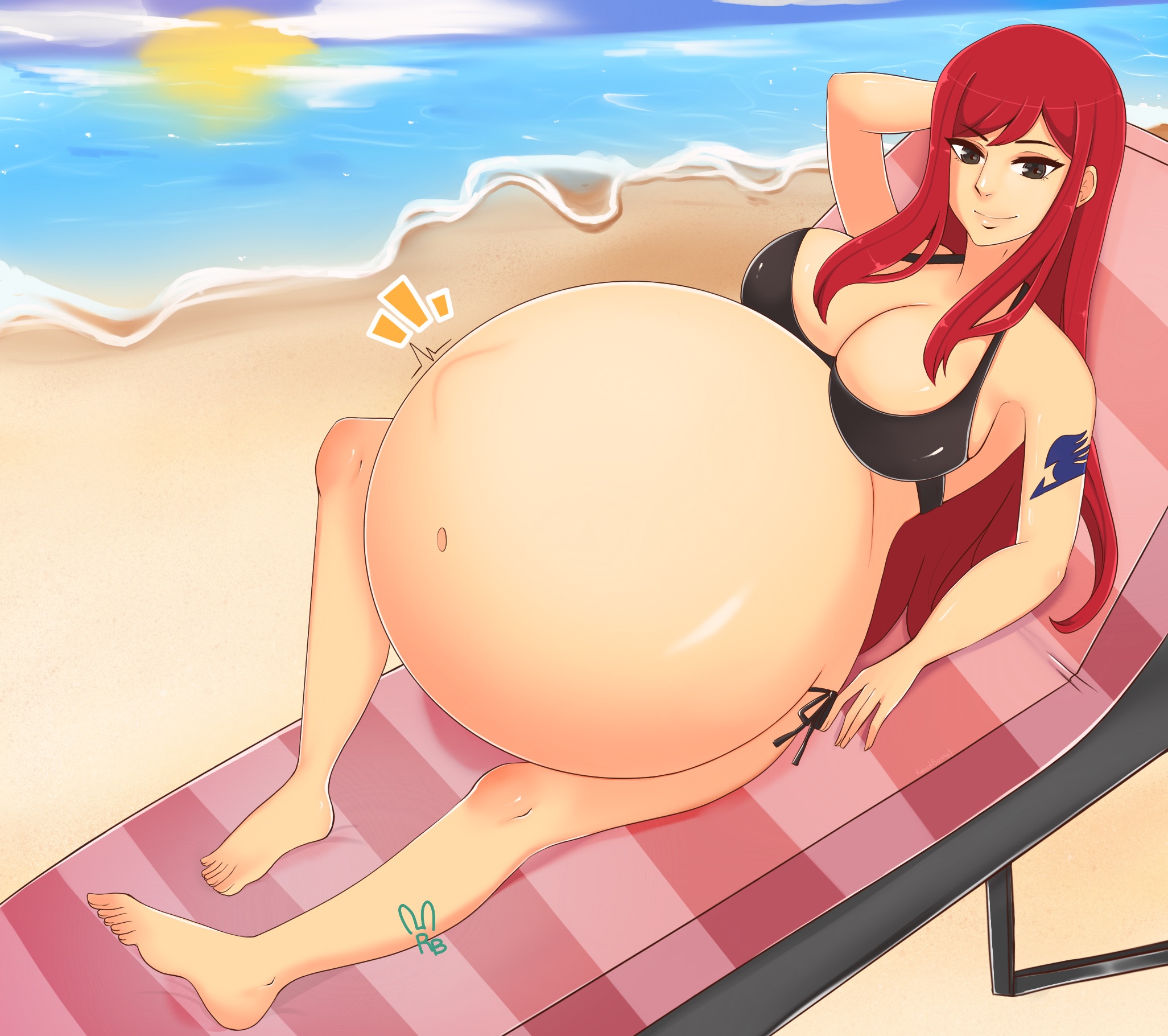 1girls, beach, big breasts, breasts, erza scarlet, fairy tail, female, female only, fetal movement, huge belly, hyper belly, hyper pregnancy, large breasts, long hair, outdoors, outside, pregnant, rabidbunny, ready to pop, red hair, solo, solo female