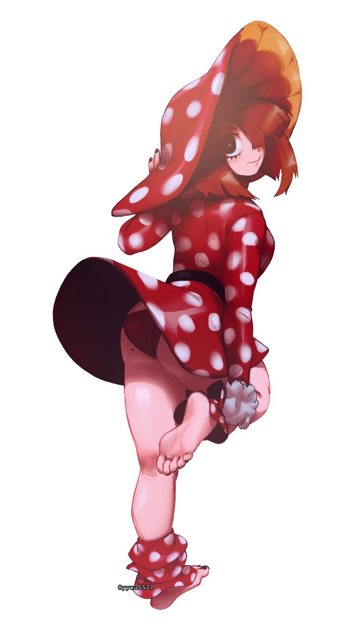 1girls, ass, barefoot, class 1b, feet, female, female only, from behind, hat, hero outfit (mha), komori kinoko, my hero academia, one eye covered, panties, polka dot, purple toenails, showing ass, skirt lift, solo, solo female, toes, white background