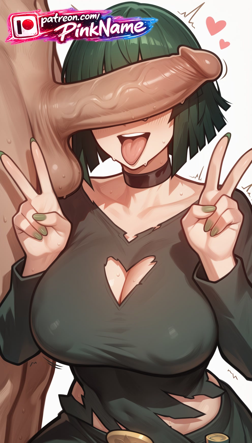 1boy 1girl 2026 ai_generated aqua_nails artist_name black_nails blue_nails boobs breasts bust chest cleavage_cutout clothing_cutout cock dick double_v erection fubuki_(one-punch_man) green_hair green_nails heart heart_cutout hetero hi_res high_quality highres large_penis mosaic_censoring multicolored_nails nail_polish one-punch_man patreon patreon_username penis penis_on_face pinkname purple_nails testicles tits tongue tongue_out torn_clothes torn_dress torn_pants torn_shirt trembling twitching_penis v w watermark yellow_nails