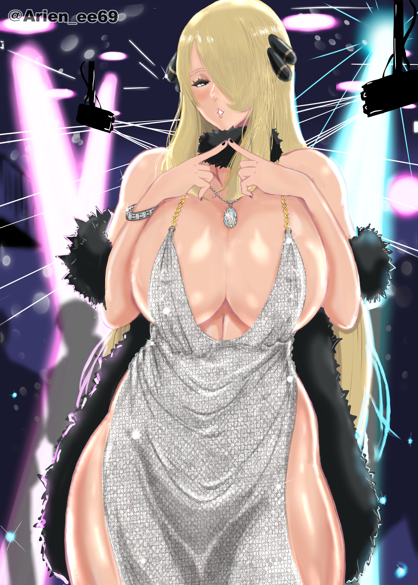 1girls, alien ee69, alternate breast size, big breasts, black nails, blonde hair, breasts, curvy figure, cynthia (pokemon), dress, eye contact, female, hair ornament, huge breasts, long hair, looking at viewer, mature female, nintendo, pokemon, pokemon dppt, standing, thick thighs, wide hips