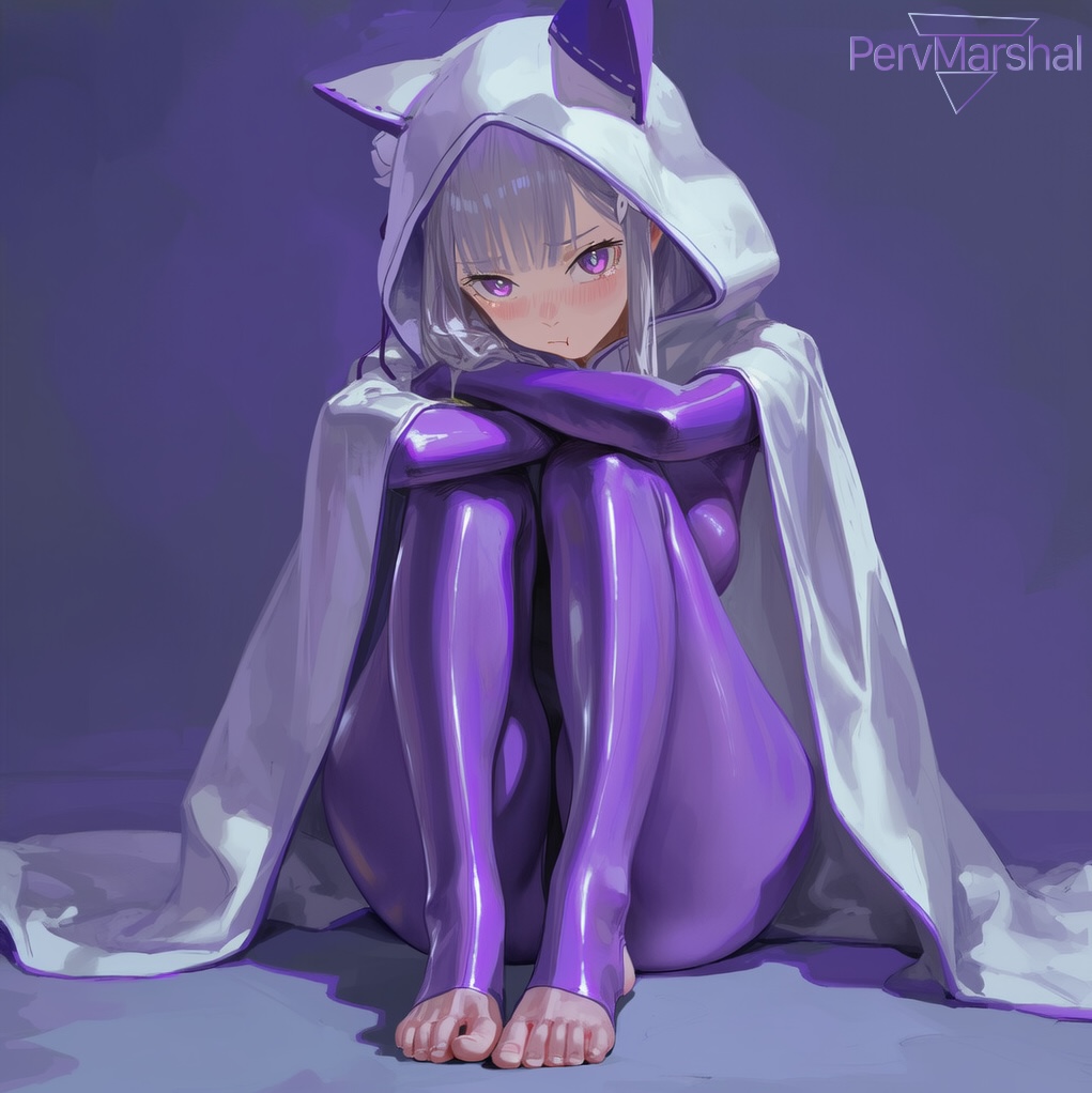1girls ai_generated blush bodysuit cloak elf emilia_(re:zero) fake_animal_ears female female_only hood knee_up marshalperv pervmarshal pout purple_bodysuit re:zero shiny_skin simple_background sitting solo_female thick_thighs white_hair