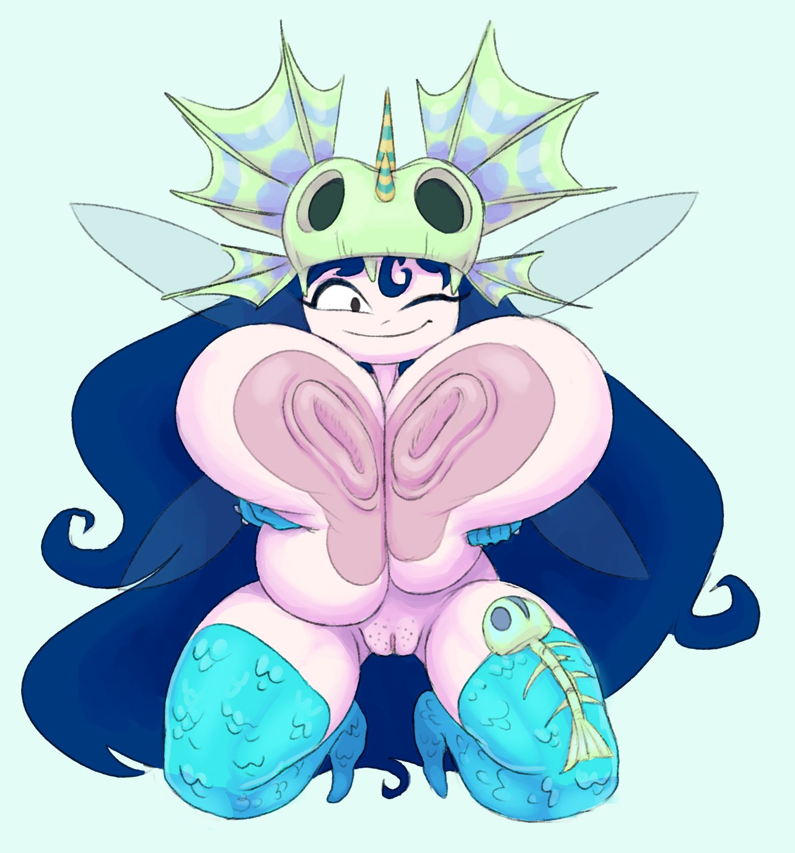 1girls, annetta fish (rayman), areola, areolae, big areola, big areolae, big boobs, big breasts, big nipples, blue armwear, blue hair, blue stockings, breasts, fairy wings, female, female only, fish bone, fish scales, front view, holding breasts, huge areola, huge areolae, huge boobs, huge breasts, huge nipples, long hair, looking at viewer, nipples, nymph (rayman), on knees, pink areola, pink areolae, pink nipples, puffy areola, puffy areolae, puffy nipples, pussy, rayman (series), rayman origins, scales, shaved pussy, simple background, skull, skull helmet, smile, smiling, smiling at viewer, soft breasts, solo, solo female, spread legs, stockings, thick thighs, vr457, wings, wink, winking at viewer