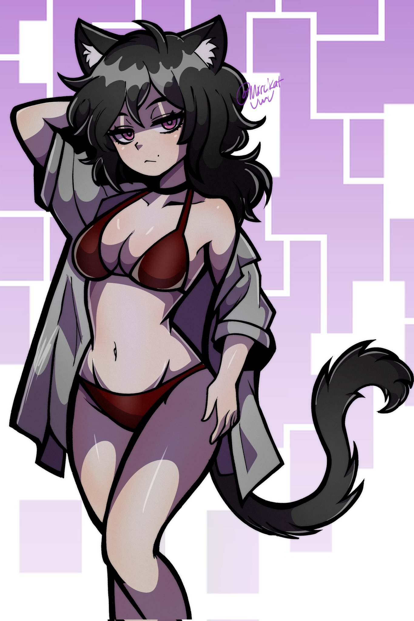 ashley graves, bikini, bikini bottom, bikini top, black hair, cat ears, cat tail, marcikatuwu, pink eyes, sister, the coffin of andy and leyley