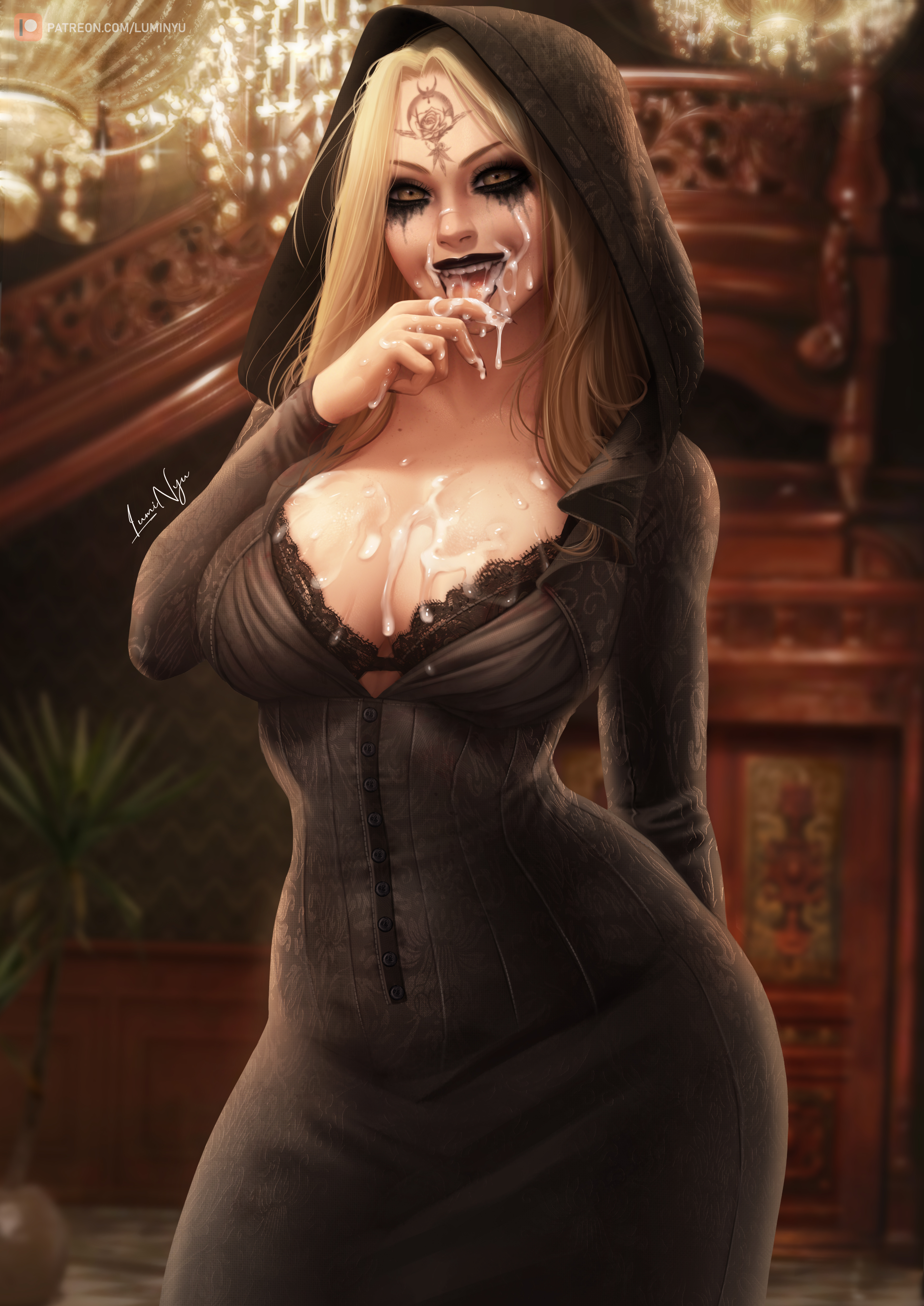 1girls, abs, absurd res, absurdres, alternate version available, areolae, arm behind back, arm up, artist name, bela (resident evil), bela dimitrescu, big breasts, black lipstick, blonde hair, bra cups sticking out, breasts, breasts apart, candle holder, capcom, clothed, clothes, clothing, completely naked, completely nude, cum, cum in mouth, cum on body, cum on breasts, cum on face, cum on upper body, cumshot, detailed background, dress, eyebrows, female, female focus, female only, forehead mark, forehead tattoo, hair over breasts, hair over shoulder, hand on face, hand on own face, high resolution, highres, indoors, licking, licking fingers, lips, lipstick, long hair, looking at viewer, luminyu, makeup, mole on breast, monster girl, nail polish, nude, nude female, one arm up, open mouth, pussy, resident evil, resident evil 8: village, runny makeup, smile, smiling, smudged makeup, solo, solo female, solo focus, tattoo, teeth, thick thighs, thighs, tongue, tongue out, vagina, vampire, very high resolution, wide hips, yellow eyes