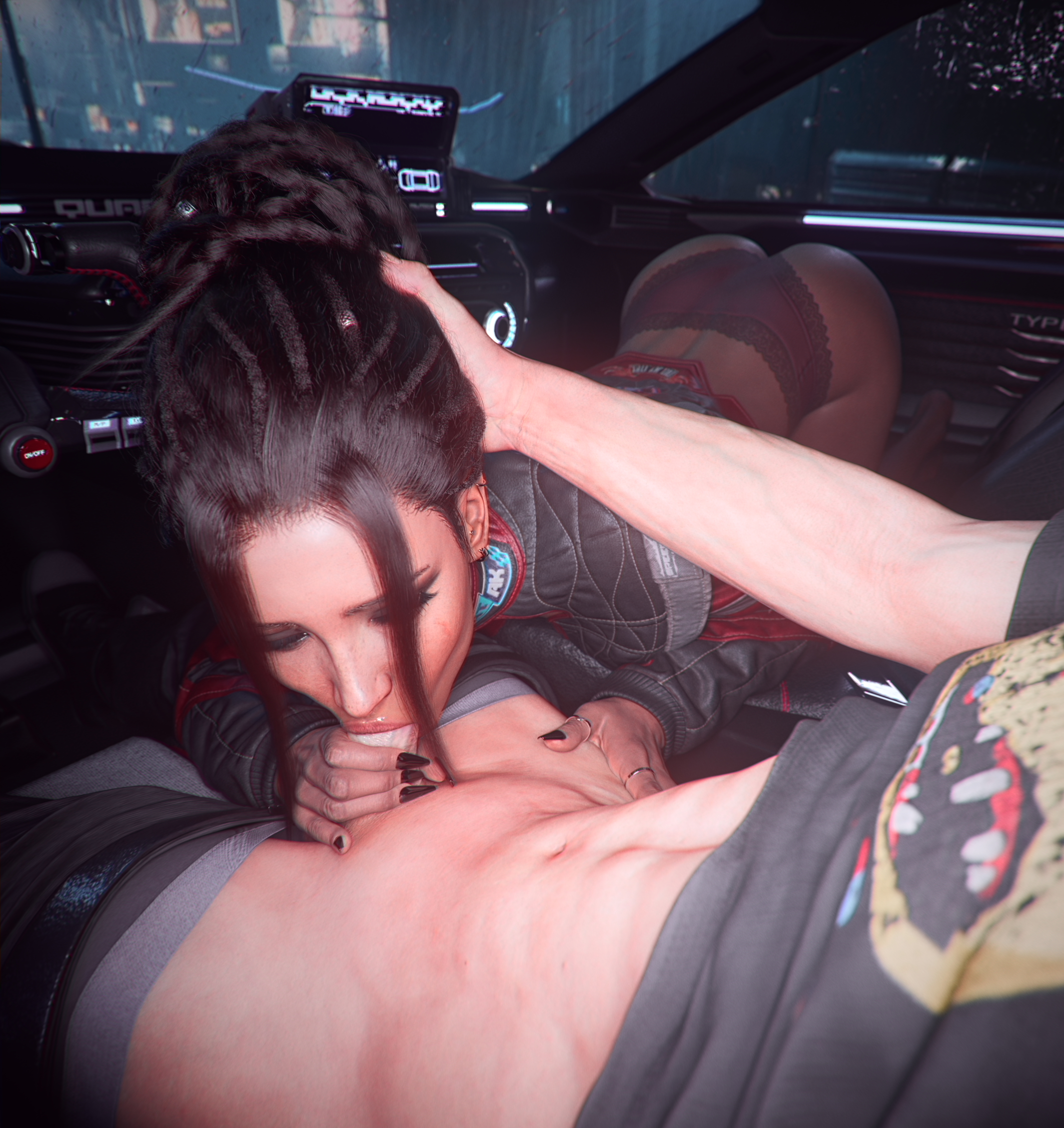 1boy, 1girls, blowjob, checkpik, cyberpunk 2077, dark skin, fellatio, oral, oral sex, panam palmer, road head