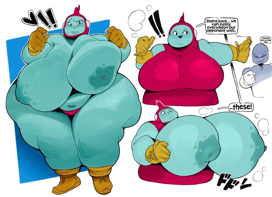 1girls, breast grab, breasts out, chubby arms, chubby belly, darkgoku, dragon ball, dragon ball super, half naked, huge breasts, inverted nipples, overweight female, panties only, pierced nipples, ribrianne, smile, text, text box, text bubble, thick thighs, white background, yellow gloves