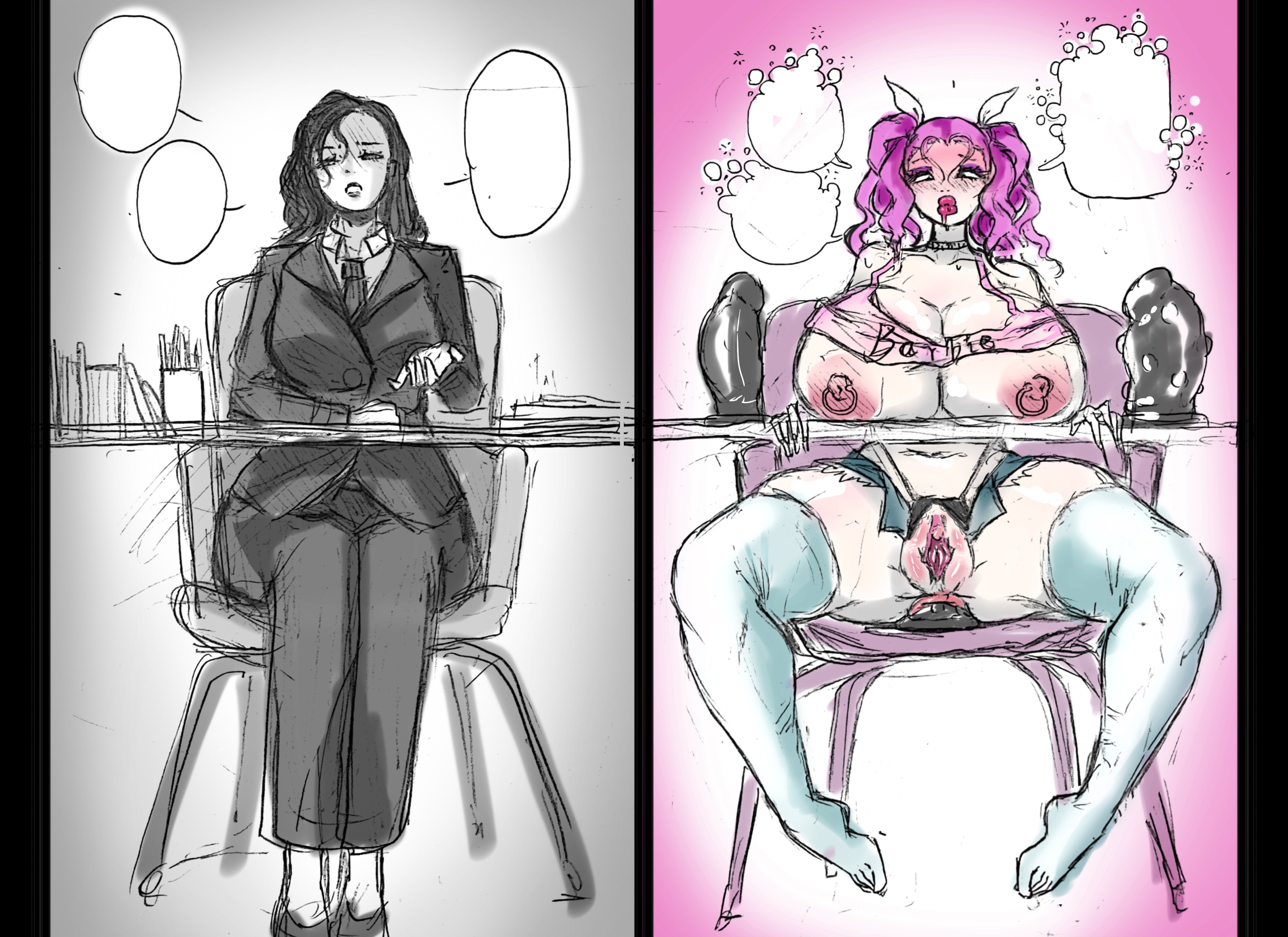 angry, before and after, bimbofication, black eyes, black hair, brain drain, breast expansion, breasts, choker, clothed, drool, eye color change, female only, femsub, hair color change, huge breasts, huge lips, instant loss, lipstick, long hair, nipple piercing, nipples, nude, office, office lady, original, piercing, pink hair, pussy, pussy juice, sex toy, shanbei rui de, sketch, solo, twintails