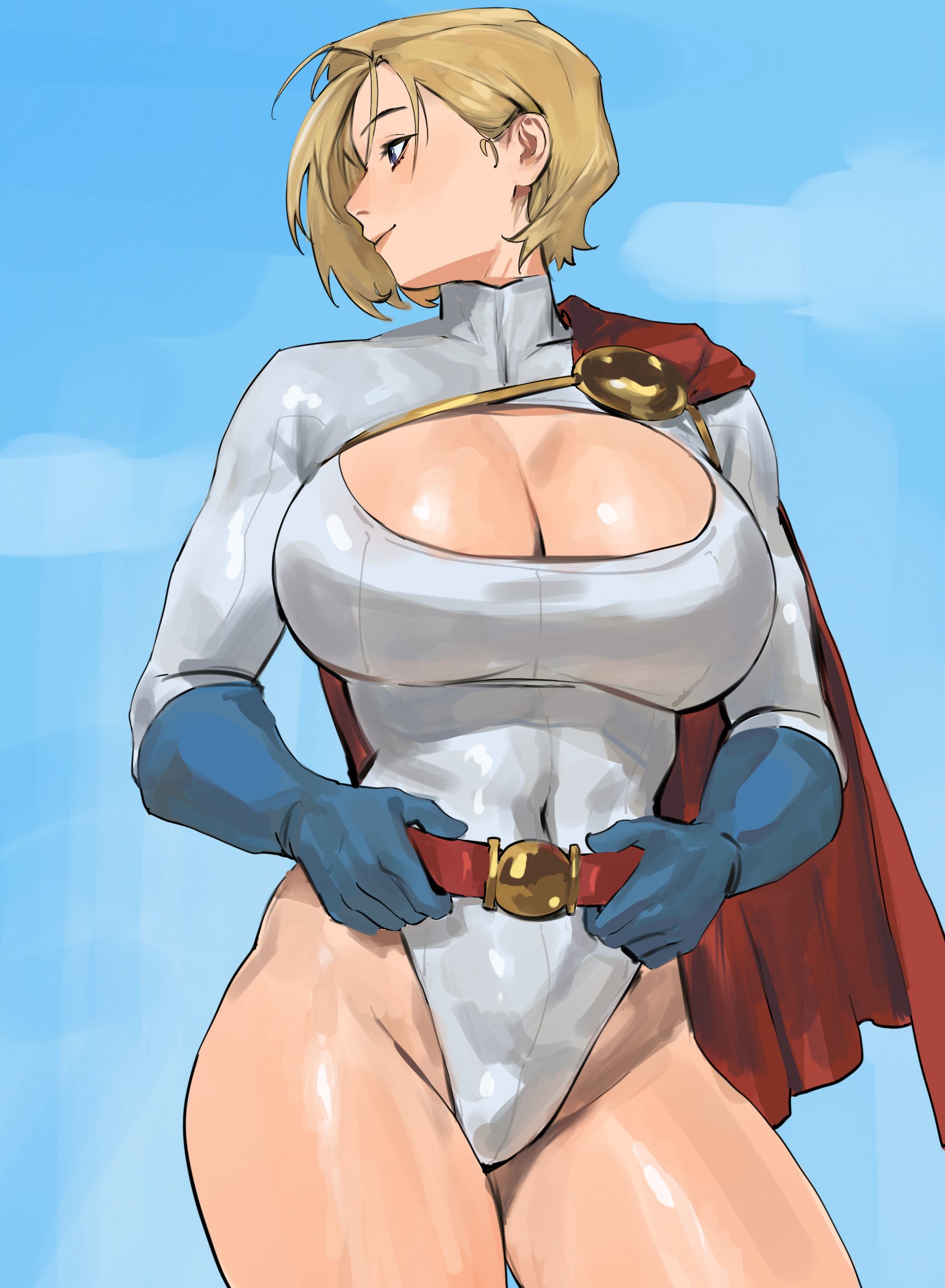 1girls, big breasts, blonde hair, blue eyes, bodysuit, breasts, cleavage, dc, dc comics, enargeia, enargeia5525, female, female only, fit female, hourglass figure, huge breasts, large breasts, light-skinned female, medium hair, muscular, muscular female, power girl, slim waist, smile, solo, superheroine, superman (series), taiyang yu, thick thighs, thighs, wide hips