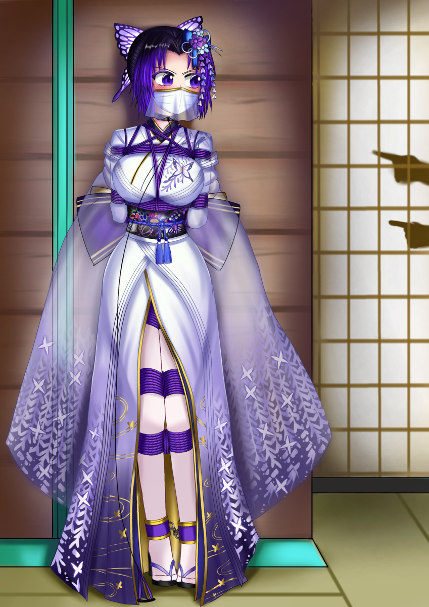 1girls ankle_cuffs arms_behind_back blush bondage bound_legs bound_thighs breast_bondage collar defiant demon_slayer female gferriswheel kimetsu_no_yaiba kimono kochou_shinobu leash open_dress purple_bow slave tatami thighhighs veil zori_sandals