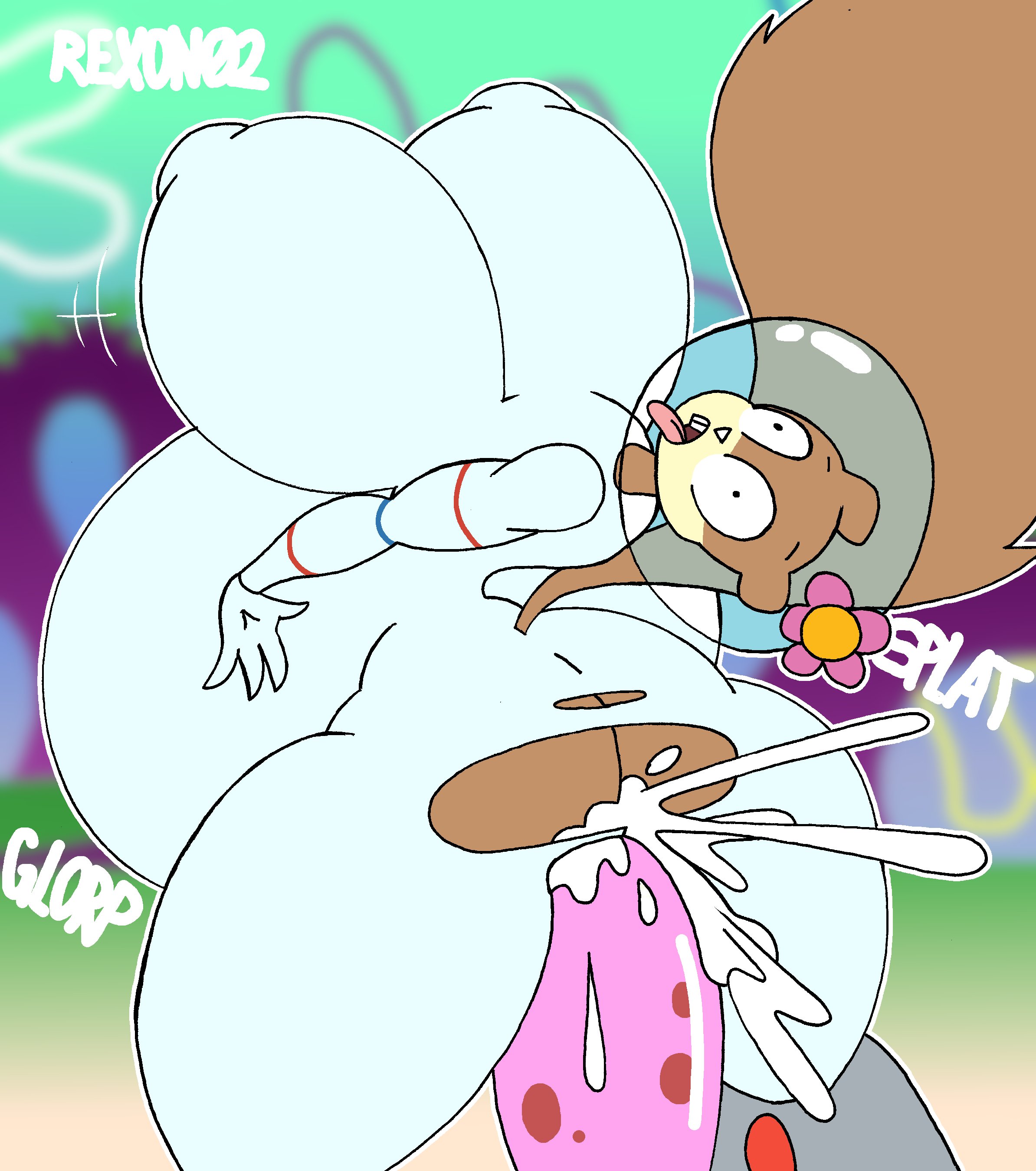 ass focus, big breasts, breasts, breasts bigger than head, cum, cum inside, cumflation, excessive cum, excessive genital fluids, female, from above, from behind, full body inflation, huge ass, huge breasts, huge cock, hyper breasts, hyper penis, inflation, nipple bulge, nipples visible through clothing, pleasure face, rexon02, sandy cheeks, smooth skin, spongebob squarepants, tagme, thick thighs