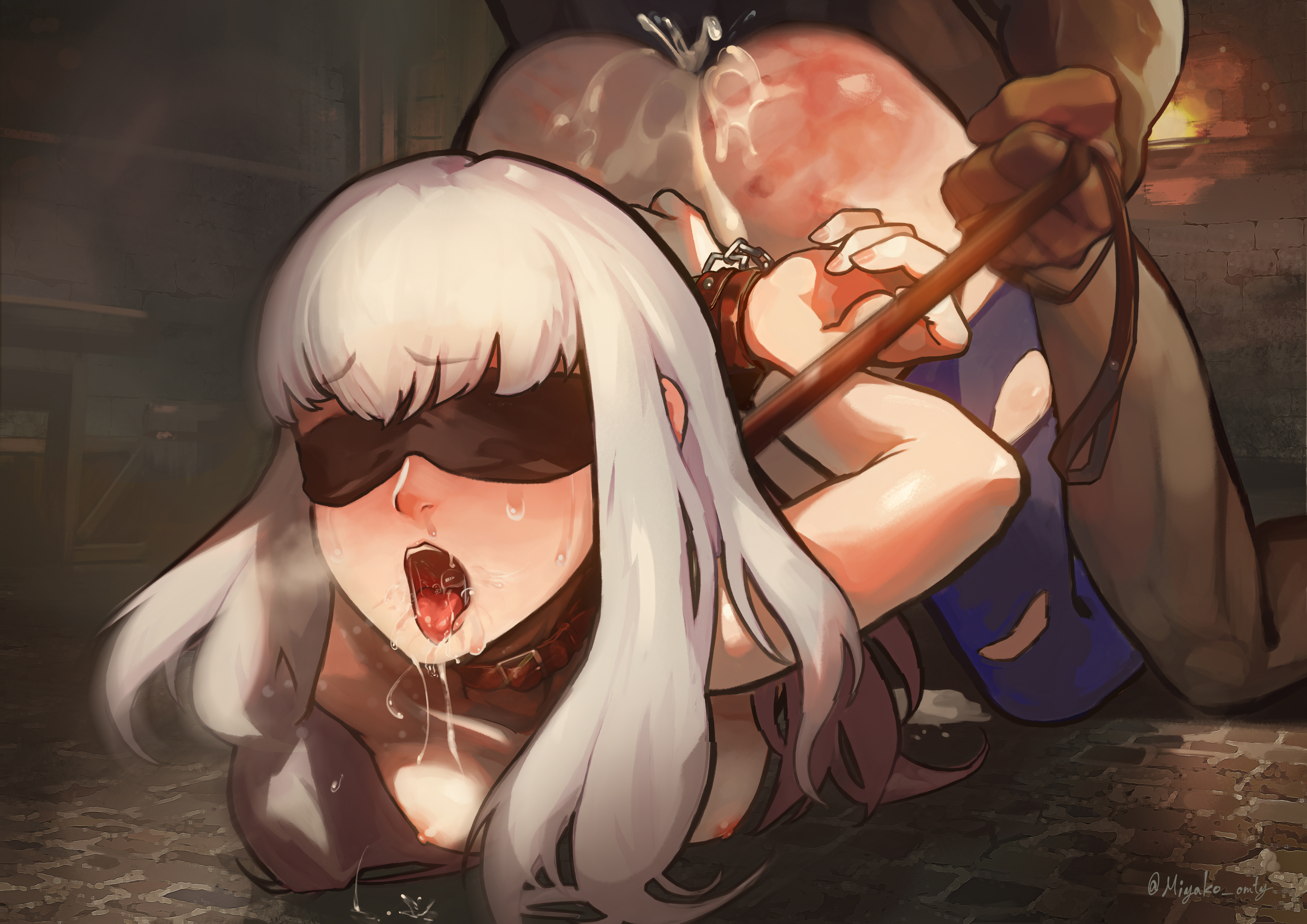 1boy, 1girls, age difference, ass, bent over, big ass, blindfold, bondage, breasts, broken rape victim, choking, collar, crying, cum, cum inside, cum on floor, cum on ground, dark skin, dark-skinned male, female, femsub, fire emblem, fire emblem: three houses, forced, hand print, handprint, leash, long hair, lysithea von ordelia, male, maledom, miyako omty, naked thighhighs, nintendo, nipples, older male, older male and younger female, purple eyes, rape, restrained, saliva, saliva trail, slave, small breasts, spank marks, spanked, spanking, straight, teenage female, teenager, thighhighs, torn clothes, white hair, younger female