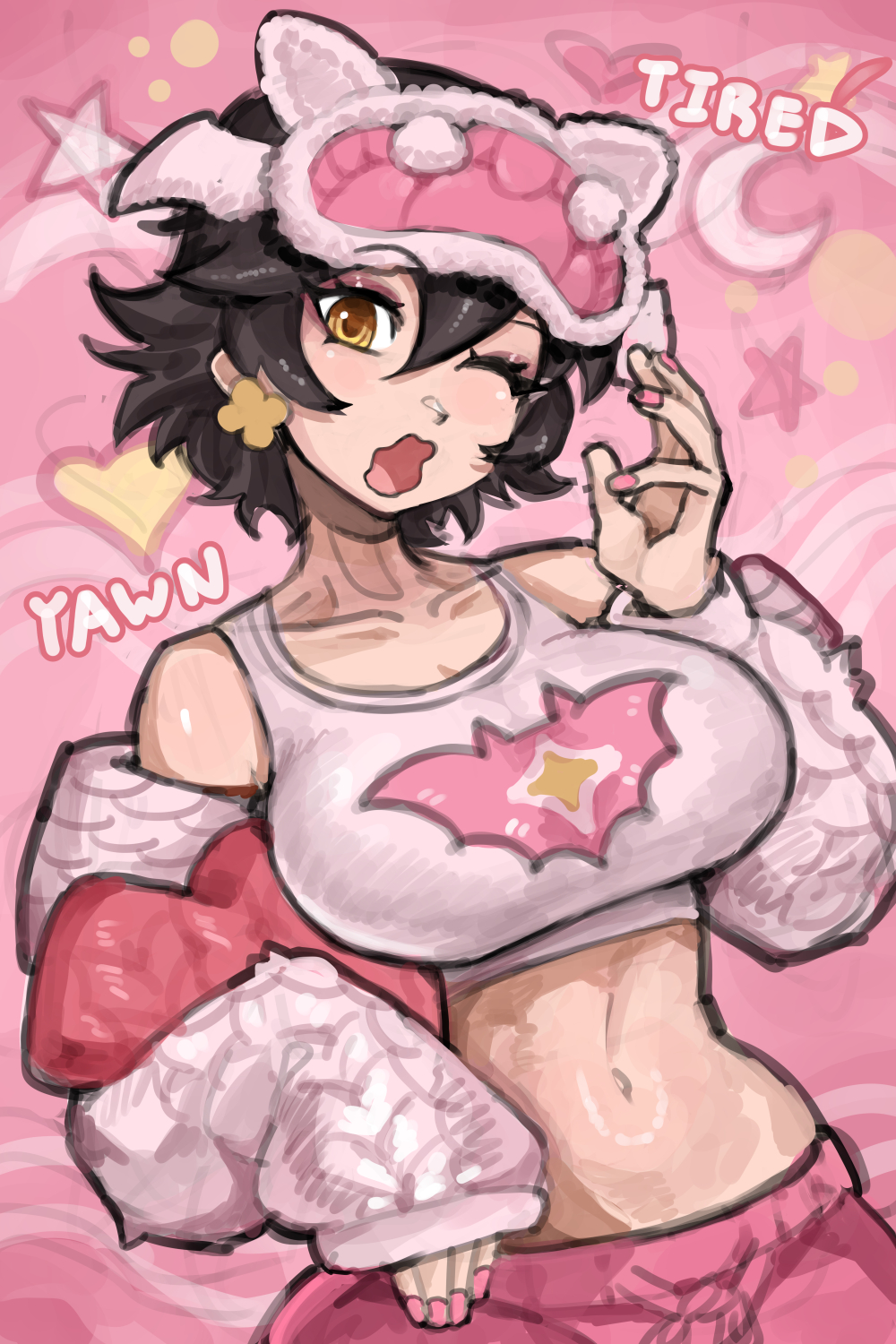 2d, asian, asian female, big breasts, female, female only, jubilation lee, jubilee, jubilee (marvel rivals), jubilee (vampy jammies), marvel, marvel rivals, midriff, navel, pajamas, saiykik, sleepy, solo, yawn, yawning