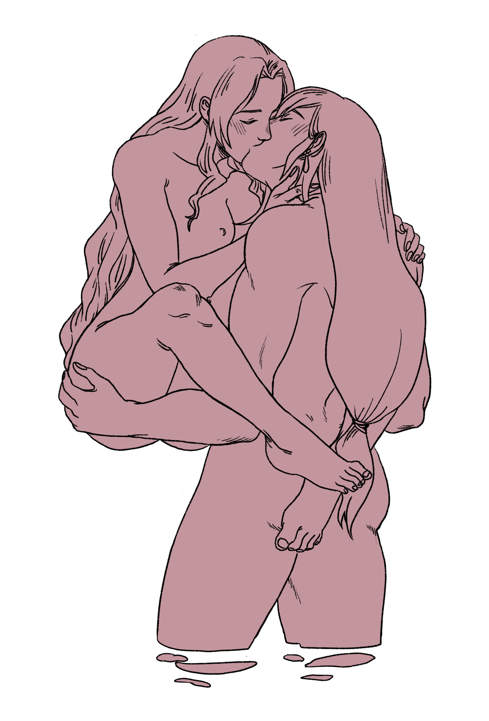2girls, aerith gainsborough, ass, biceps, breasts, carrying, carrying partner, feet, female, final fantasy, final fantasy vii, kissing, lesbian, long hair, multiple females, multiple girls, muscular, muscular female, nude, racqueer, square enix, tifa lockhart, water, yuri