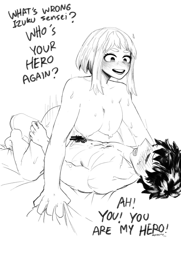 accurate body type, amano44, breasts, canon couple, cowgirl position, curvaceous, curvy, curvy figure, dominant female, femdom, illustration, imminent orgasm, izuku midoriya, malesub, midoriya izuku, my hero academia, my hero academia (finale), ochako uraraka, post-timeskip, riding, riding cock, riding penis, sex, text, uraraka ochako, vaginal penetration, vaginal sex, wholesome