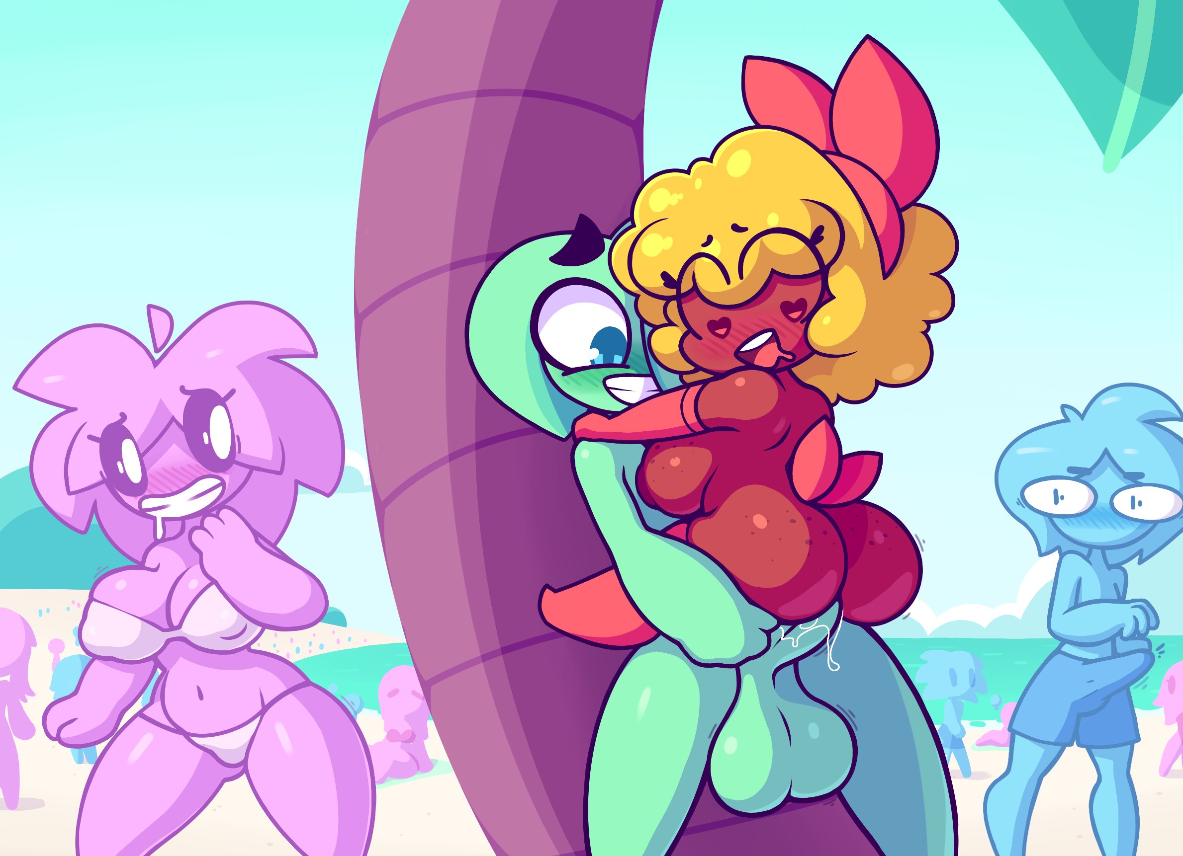 2020, ahe gao, anthro, ass, balls, beach, beach sex, beach towel, being watched, bikini, blush, bodily fluids, breasts, ebii (ebiinari), erection, erection under clothes, exhibitionism, female, female penetrated, flora fauna, gloves, happy, happy sex, heart-shaped pupils, looking down, looking pleasured, male, male penetrating, male/female, mostly nude, naked, navel, nipples, nipples visible through clothing, nude, nude female, nude male, nudity, oc, oliver (screwroot), original character, original characters, outdoors, outside, outside sex, palm tree, penetration, penis, public, public nudity, public sex, screwroot, seaside, sex, shorts, shrimp, smile, smiling, stickfigure, stockings, straight, teeth, teeth visible, visible nipples