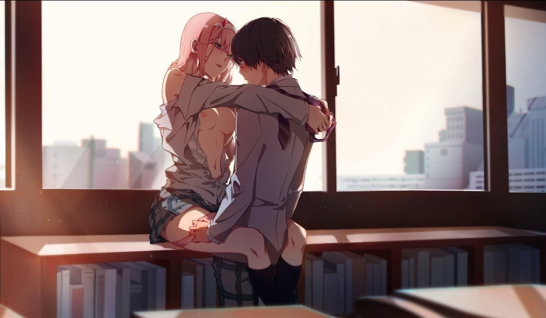 blush, breasts, clothed, clothed sex, colored, darling in the franxx, exposed breasts, female, hand on thigh, hiro (darling in the franxx), hug, legs around partner, long hair, looking at another, looking pleasured, sex, wholesome, zero two (darling in the franxx)