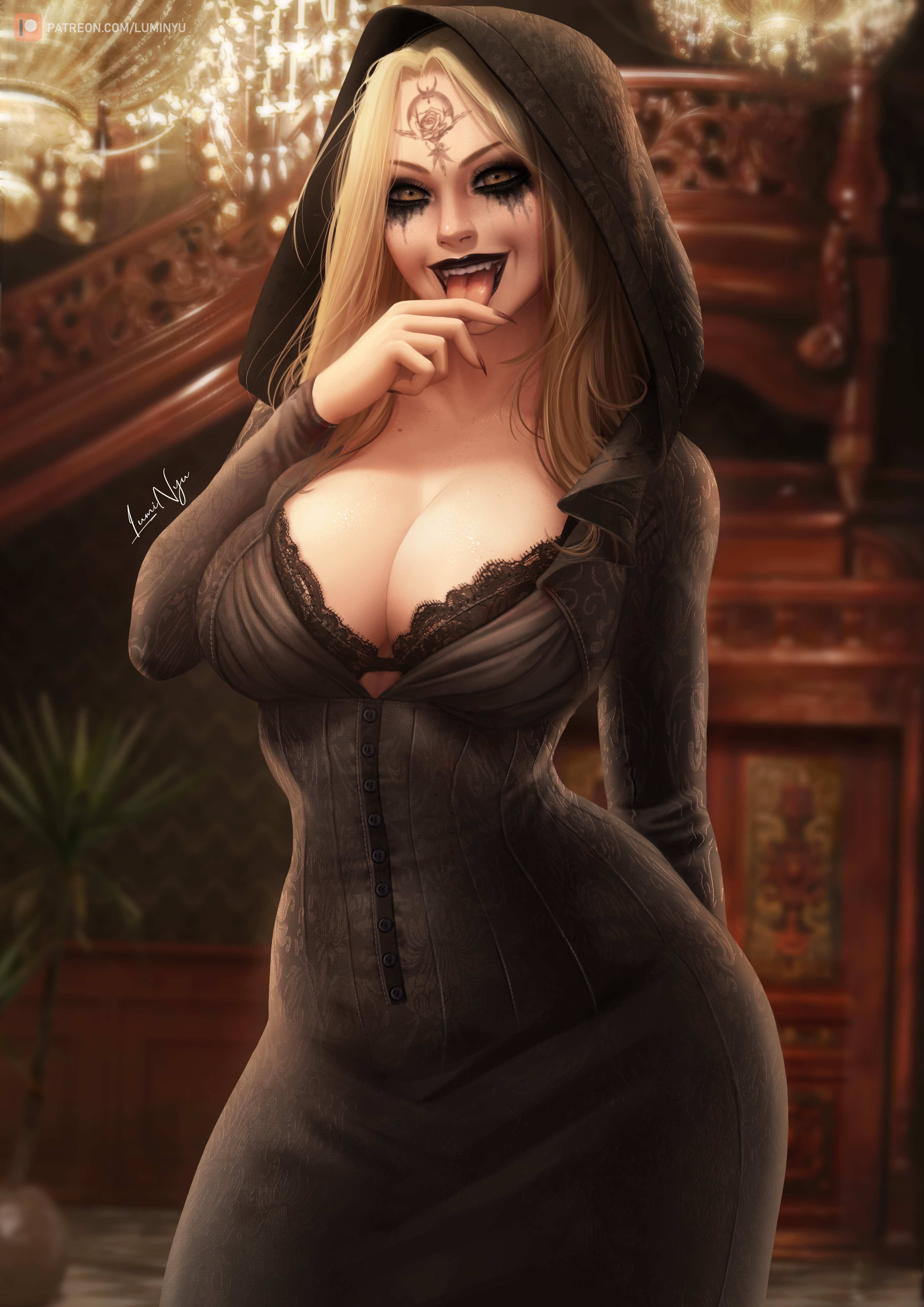 1girls, abs, absurd res, absurdres, alternate version available, areolae, arm behind back, arm up, artist name, bela (resident evil), bela dimitrescu, big breasts, black lipstick, blonde hair, bra cups sticking out, breasts, breasts apart, candle holder, capcom, clothed, clothes, clothing, completely naked, completely nude, detailed background, dress, eyebrows, female, female focus, female only, forehead mark, forehead tattoo, hair over breasts, hair over shoulder, hand on face, hand on own face, high resolution, highres, indoors, licking, licking fingers, lips, lipstick, long hair, looking at viewer, luminyu, makeup, mole on breast, monster girl, nail polish, nude, nude female, one arm up, open mouth, pussy, resident evil, resident evil 8: village, runny makeup, smile, smiling, smudged makeup, solo, solo female, solo focus, tattoo, teeth, thick thighs, thighs, tongue, tongue out, vagina, vampire, very high resolution, wide hips, yellow eyes