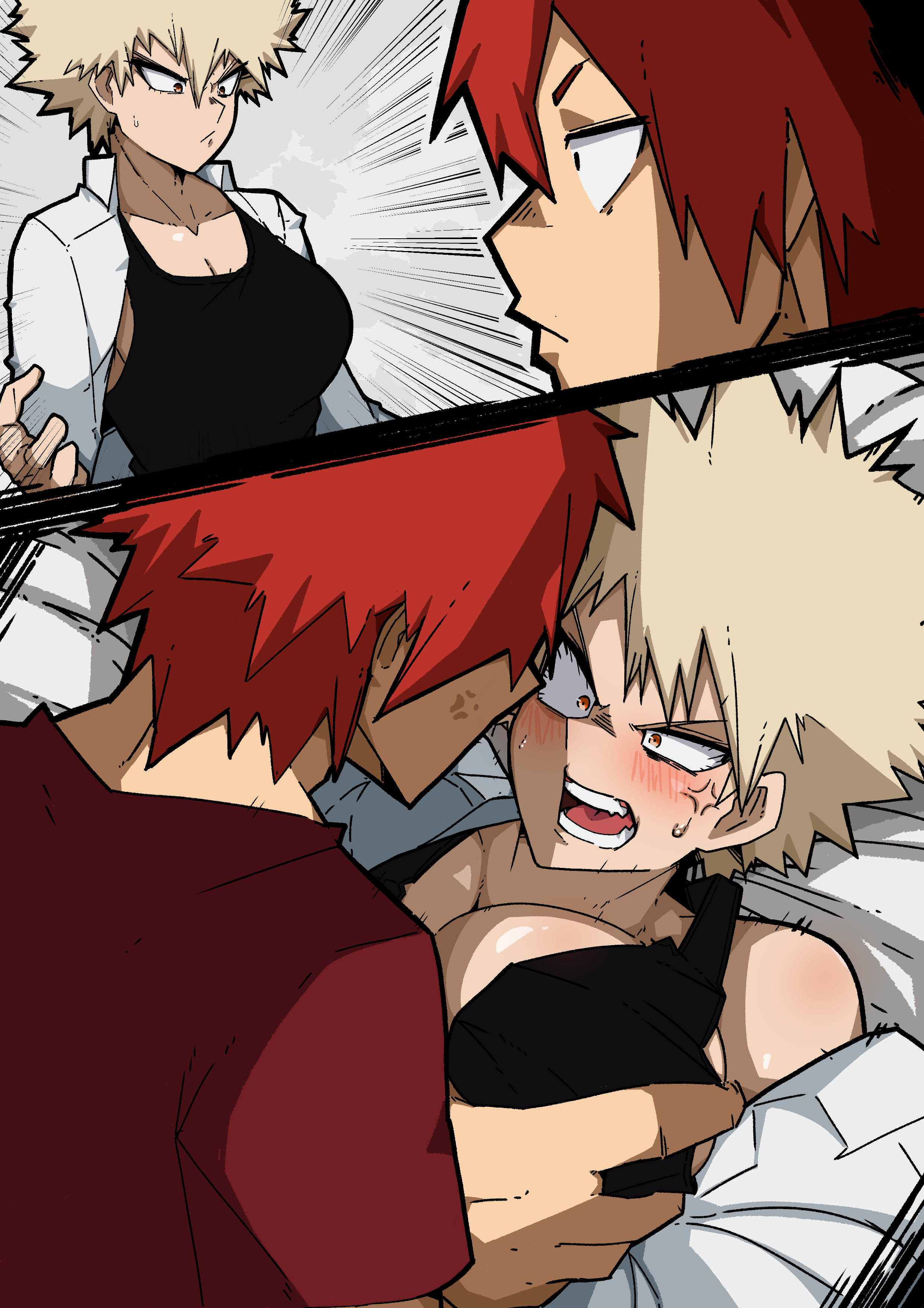 1boy, 1girls, anger vein, angry, angry face, big breasts, breast fondling, breast grab, breast squeeze, breasts, busty, cleavage, eijirou kirishima, embarrassed, female, female bakugou, genderswap, genderswap (mtf), groping breasts, hands on breasts, huge breasts, imminent sex, katsuki bakugou, large breasts, male, male/female, mark gavatino, my hero academia, red hair, rule 63, short hair, spiky hair, straight, tank top