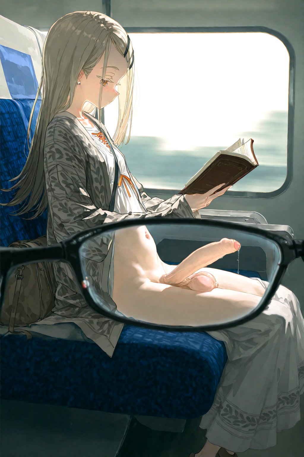 1futa, ai generated, big penis, book, clothing, dress, foreskin, fully clothed, futa only, futanari, gakuen idolmaster, glasses, grey hair, idolmaster, karchew, large penis, long hair, navel, orange eyes, penis, precum, precum drip, reading, reading book, shinosawa hiro, side view, sitting, train interior, uncensored, uncircumcised, x-ray, x-ray glasses, x-ray view