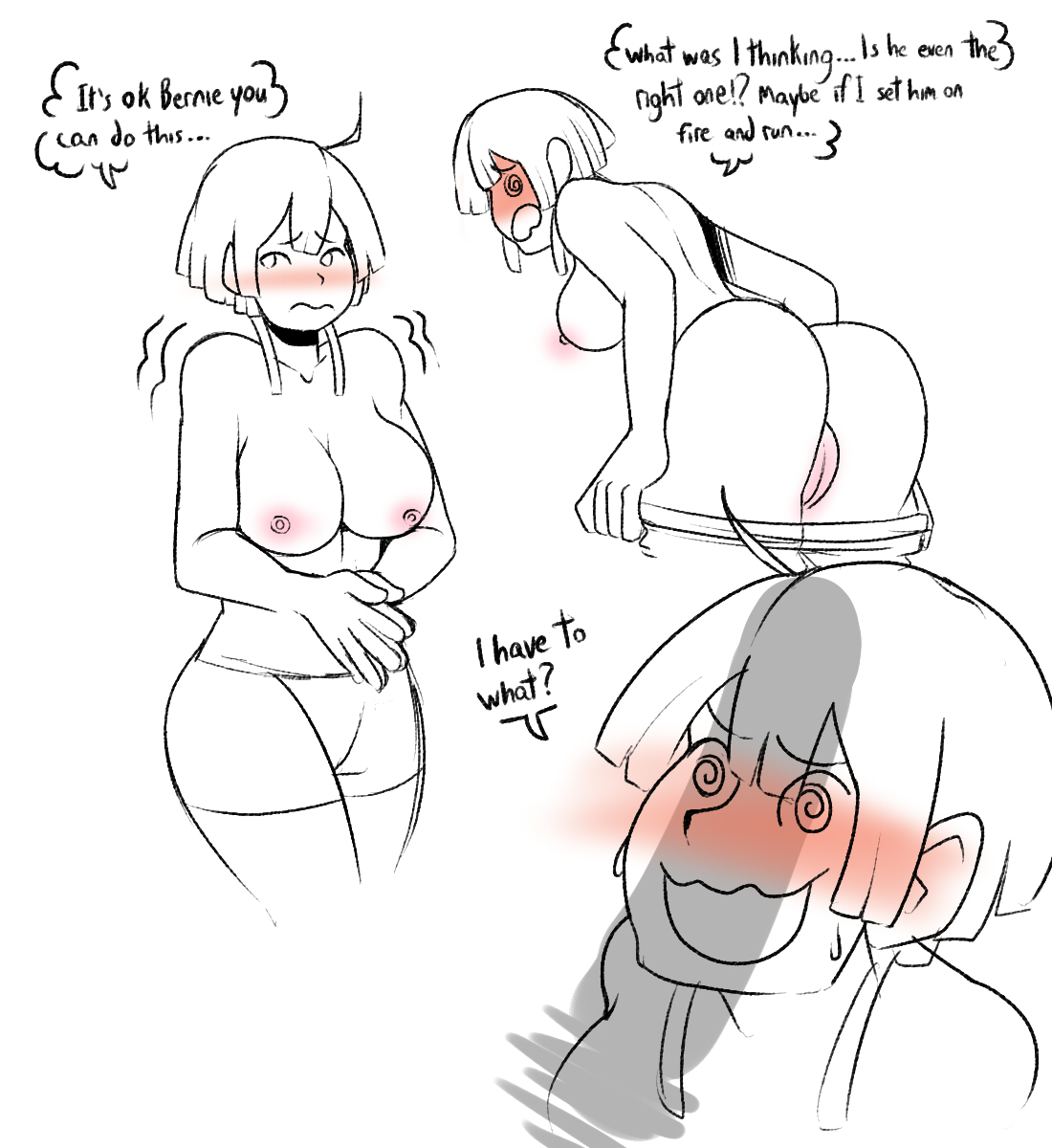 @ @, 1girls, ass, back view, bent over, bernadetta von varley, big ass, big breasts, blush, breasts, embarrassed, english text, female, fire emblem, fire emblem: three houses, hardened-onix, imminent sex, leaning forward, male, nervous, nintendo, nipples, open mouth, penis, penis awe, penis shadow, pussy, shorts, solo, solo female, text, thegreyzen, trembling, undressing