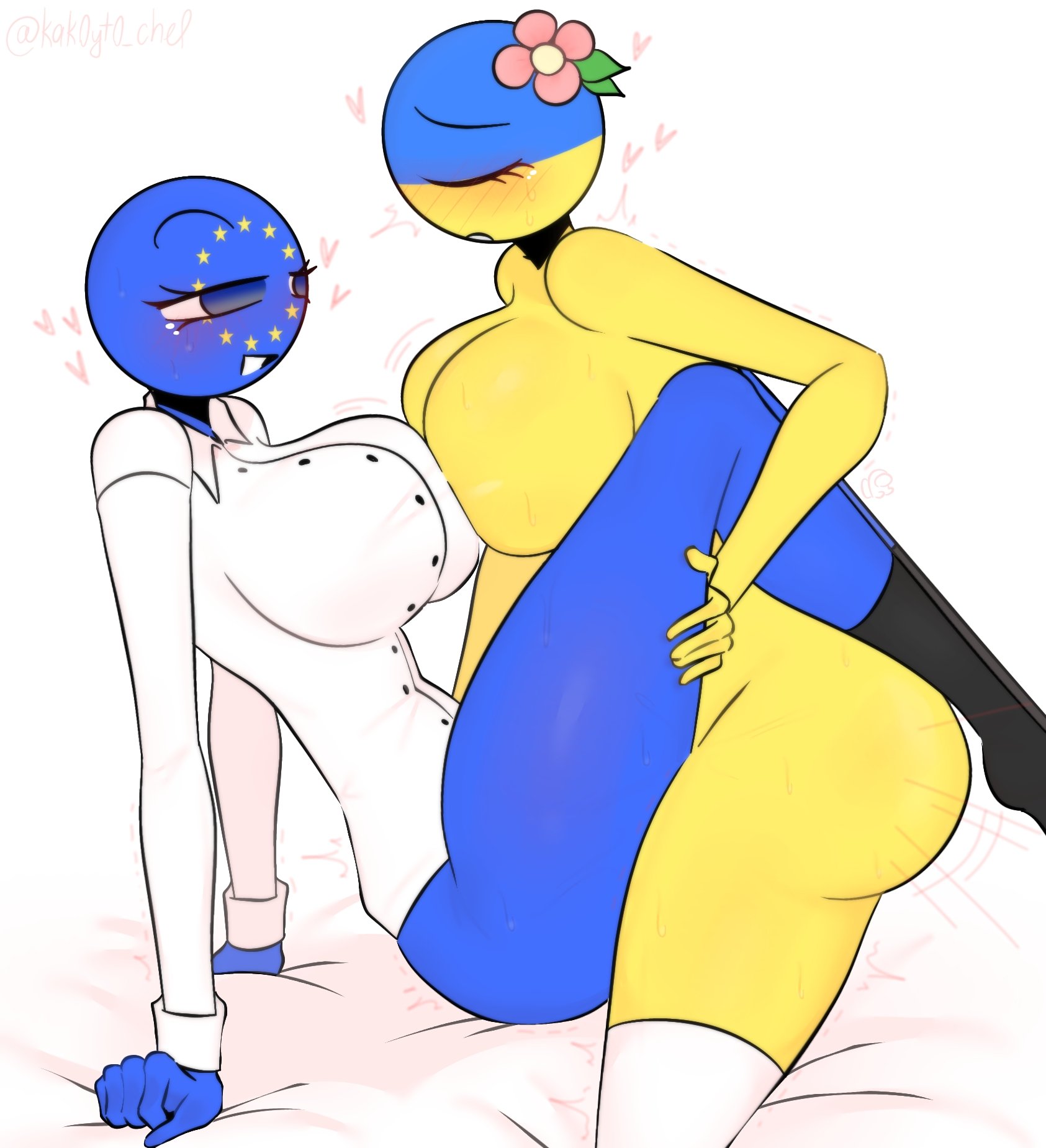 blue body, blue skin, countryhumans, countryhumans girl, european union (countryhumans), futa on female, futanari, kak0yt0 chel, national personification, tagme, ukraine (countryhumans), ukrainian, yellow body, yellow skin