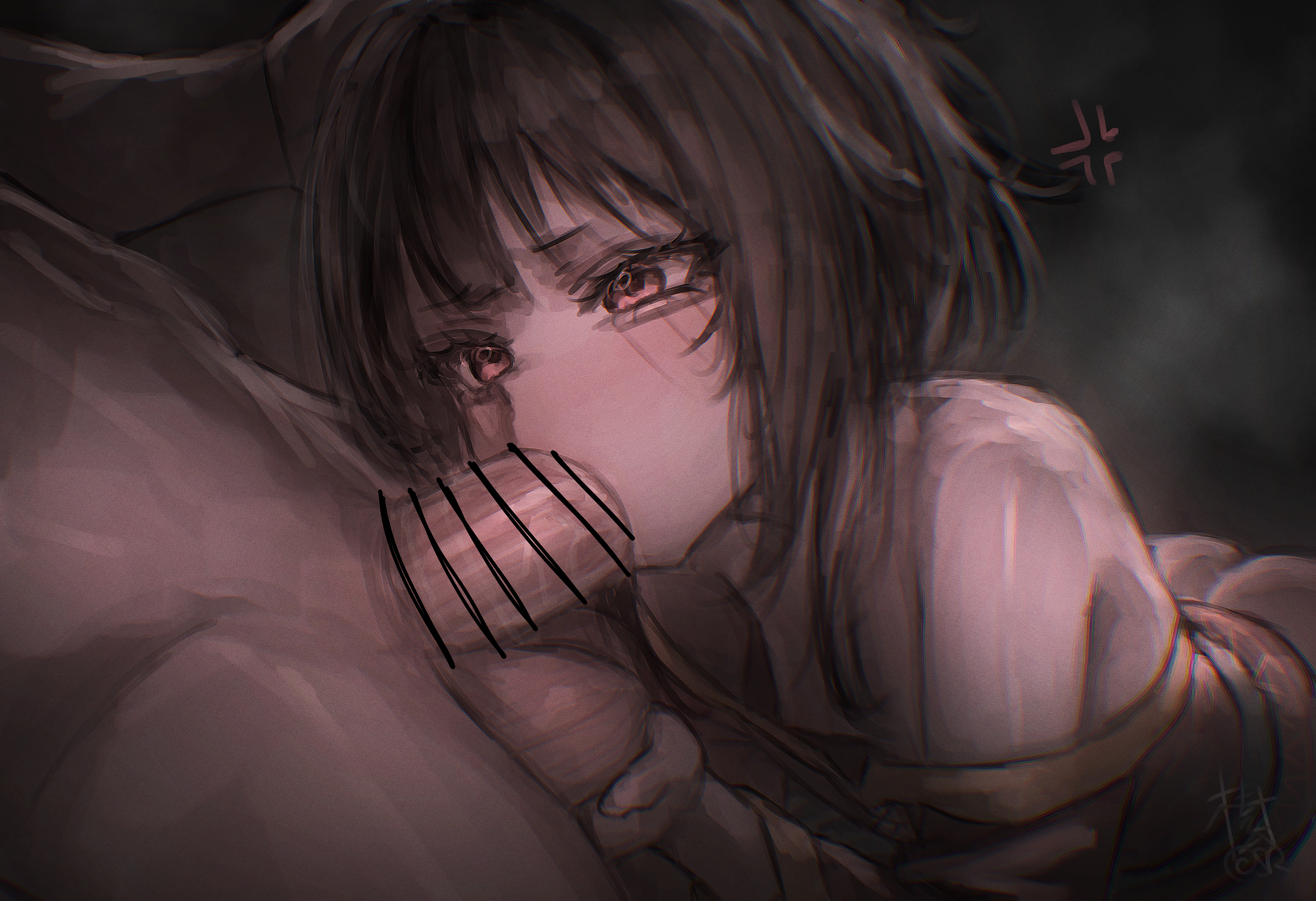 1boy, 1girls, anger vein, autreeyah, bar censor, blowjob, blush, brown hair, censor bar, censored, clothed female nude male, dark-skinned male, duo, fellatio, female, kono subarashii sekai ni shukufuku wo!, male, megumin, oral, oral sex, penis, red eyes