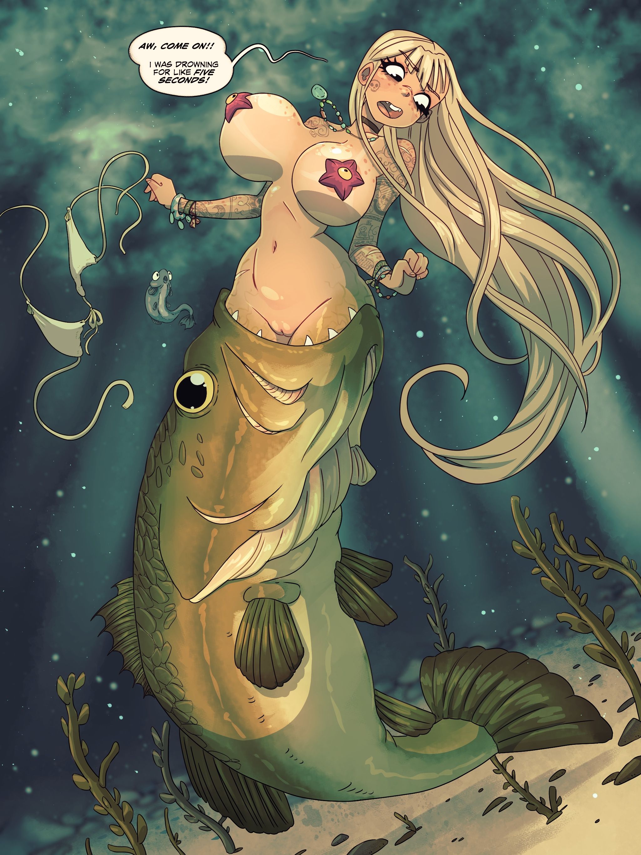 1girls, breasts, breasts bigger than head, busty, english text, female, fish, hair color change, jack cayless, merfolk, mermaid, mermaid transformation, mermaidification, rapscallion, speech bubble, starfish pasties, text, transformation, underwater, vice & violence, wide hips