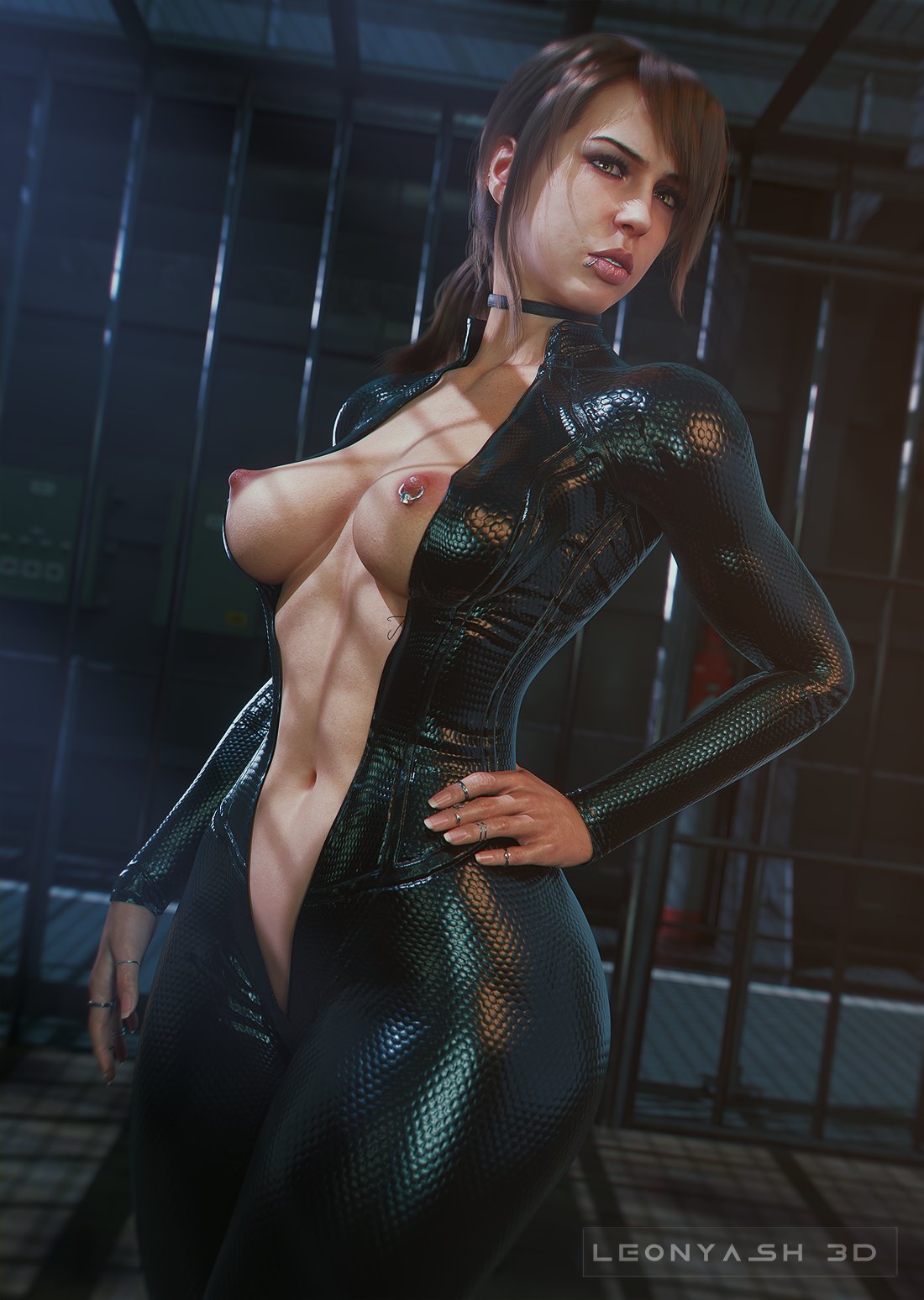 1girls 2026 3d areolae ass big_breasts breasts brown_hair cell choker clothed clothed_female detailed_background exposed_breasts eyeshadow female female_only green_eyes hand_on_hip huge_ass indoors jail leonyash3d lip_piercing lipstick long_hair looking_at_viewer makeup mascara metal_gear_solid metal_gear_solid_v navel nipple_piercing nipple_ring nipples piercing piercings pink_lipstick ponytail prisoner quiet_(metal_gear) skintight skintight_bodysuit solo standing stefanie_joosten tied_hair unzipped unzipped_bodysuit