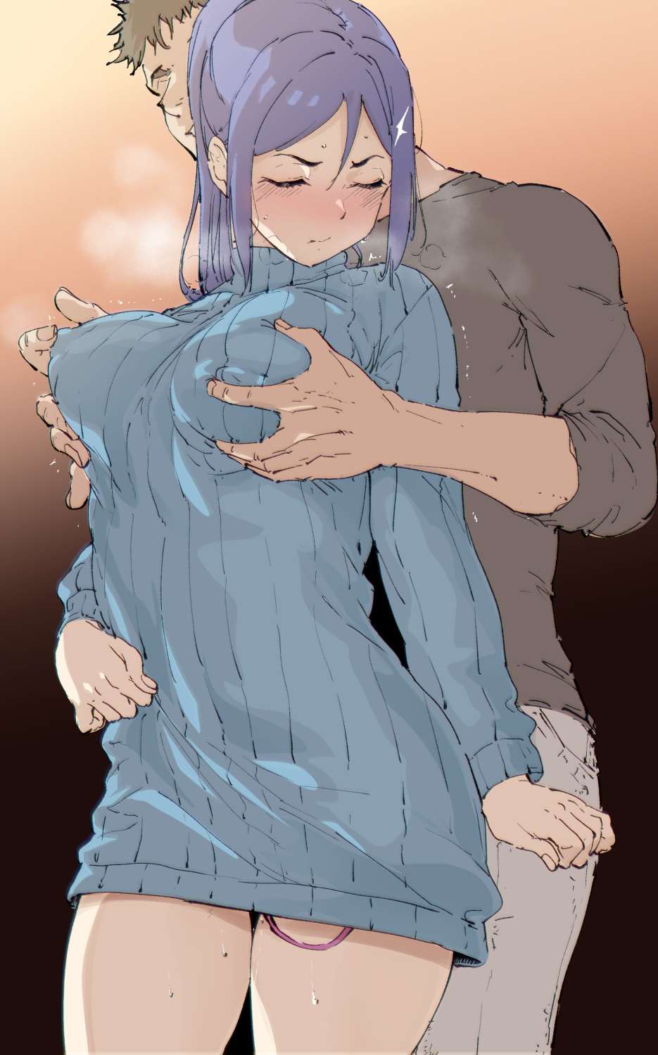 1boy 1girls alp ass blue_hair blush breast_fondling breast_grab breast_squeeze breasts closed_eyes clothed_sex clothing erect_nipples erect_nipples_under_clothes hard_nipples heavy_breathing huge_breasts love_live! love_live!_sunshine!! masturbation matsuura_kanan mostly_clothed nipple_bulge nipple_play nipple_tweak nipples pokies resisting sweater sweater_dress thick_thighs thighs turtleneck vibrator vibrator_cord