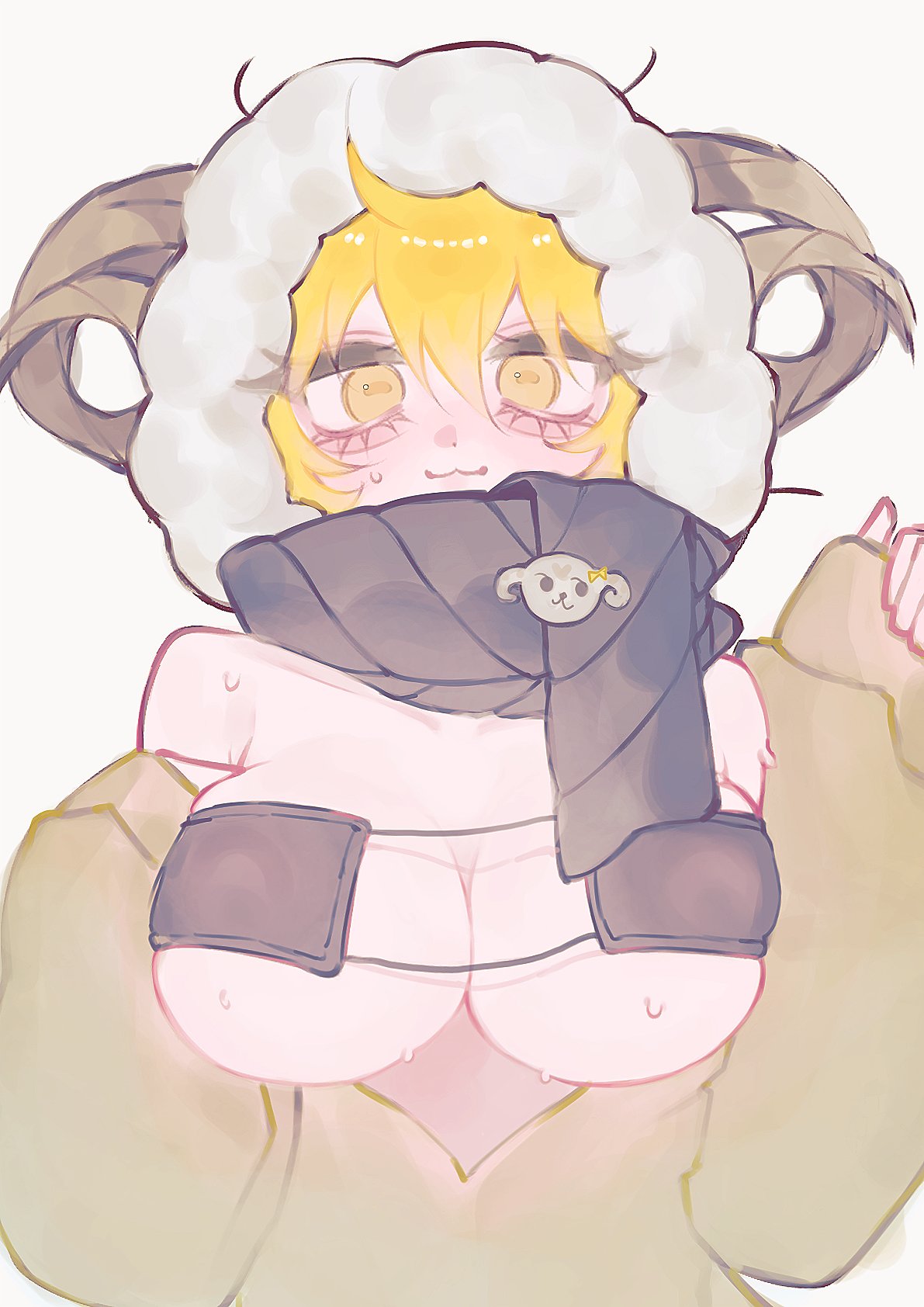 :3, akaneeeeee52, black bra, black scarf, blonde hair, bra, breasts, breasts out, cleavage, don quixote (limbus company), female, fur trim, fur-trimmed hood, goat girl, goat horns, green jacket, grey background, hand up, heishou pack-wei branch (identity) (project moon), hood, horns, jacket, large breasts, limbus company, long sleeves, looking at viewer, official alternate costume, open clothes, open jacket, project moon, scarf, simple background, solo, sweat, underwear, upper body, yellow eyes