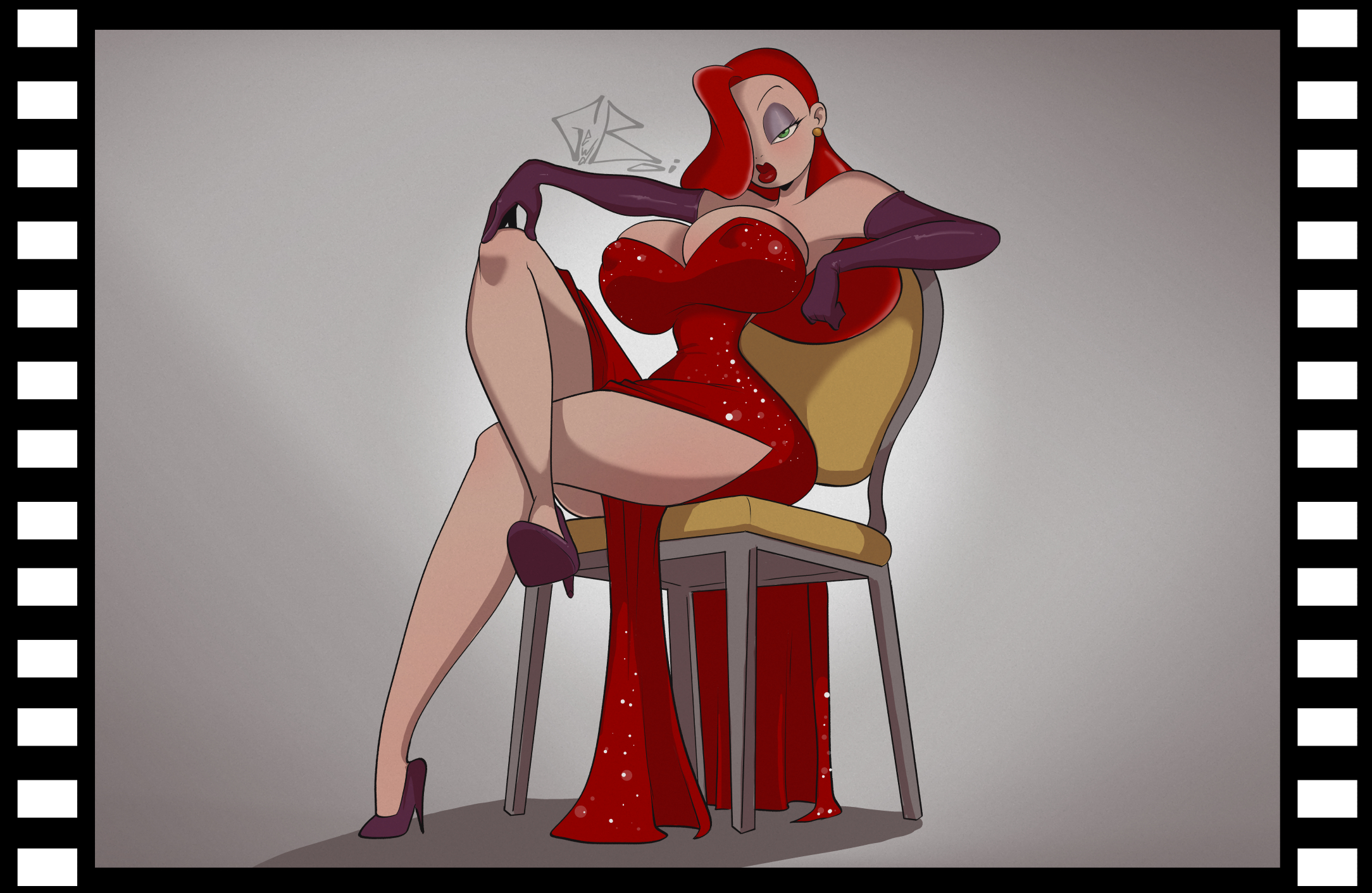 1girls, 2026, alternate version available, arm sleeves, artist name, ass, big ass, big breasts, big lips, bimbo, bimbo body, bimbo lips, breasts, chair, clothed, clothed female, clothing, disney, dress, ear piercing, ear ring, earring, earrings, eyeshadow, fancy, fancy clothing, fancy dress, female, female only, film reel, fully clothed, fully clothed female, gewd-boi, hair over one eye, heels, jessica rabbit, light skin, light-skinned female, lips, lipstick, pierced ears, piercing, piercings, red hair, red hair female, red lips, red lipstick, red-haired female, redhead female, redheaded female, sitting, sitting on chair, solo, sparkling clothing, sparkling dress, thick thighs, thighs, who framed roger rabbit