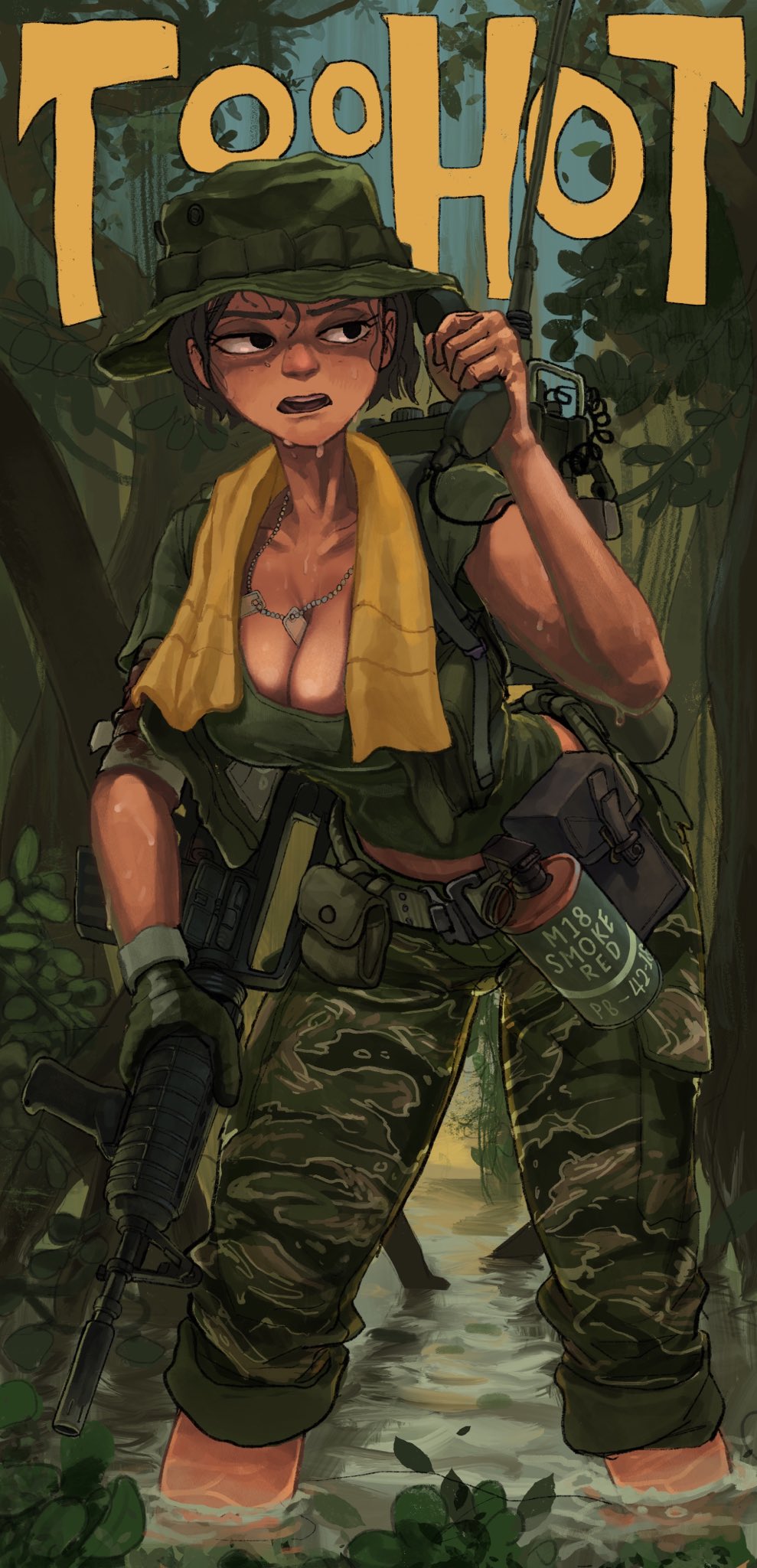 big_breasts camouflage camouflage_pants hat large_breasts military_uniform rifleman rifleman1130 sweat telephone towel vietnam water weapon