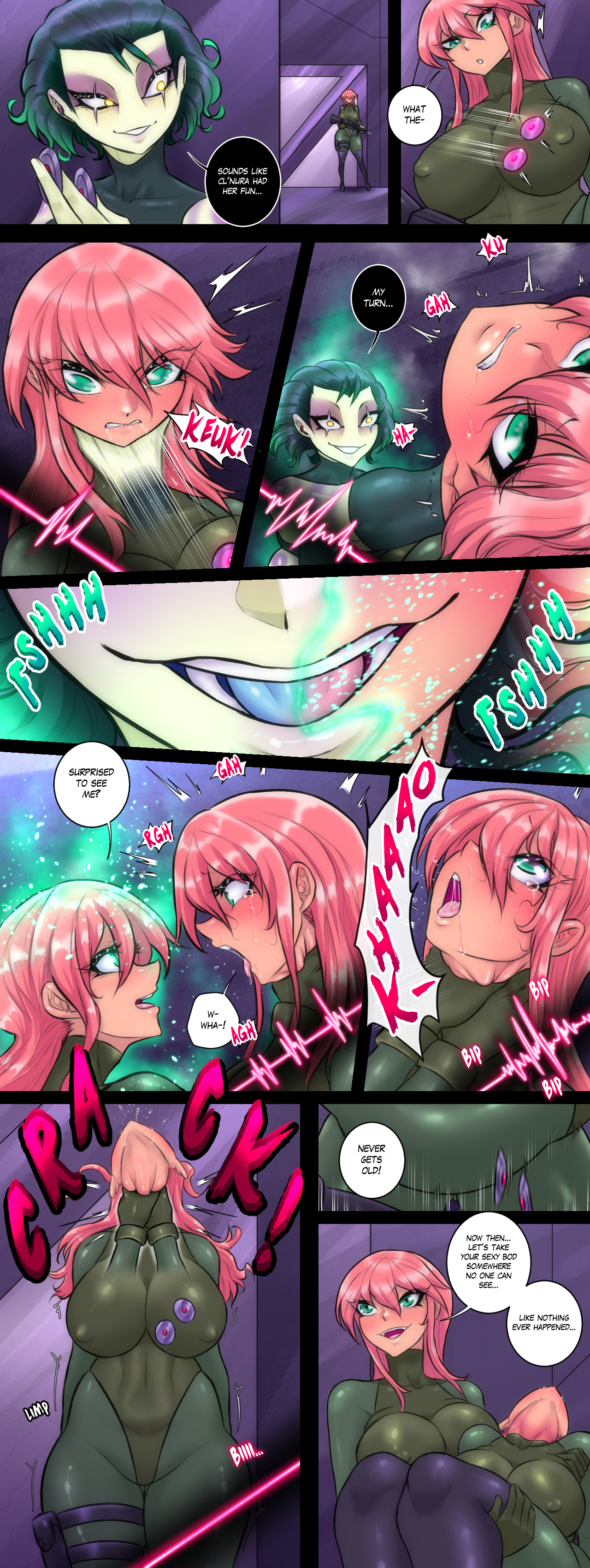 1girls, 2girls, 3girls, 4girls, ahe gao, ahegao face, alien, alien girl, alien humanoid, arched back, ass, big ass, big breasts, big butt, black hair, black hair female, blonde female, blonde hair, blonde-haired female, blue eyes, bodysuit, breasts, breasts out, broken neck, choke hold, choked, choking, comic, comic page, comic panel, corpse, dead, defeat, defeated, defeated female, defeated heroine, fat ass, fat breasts, fat butt, fear, female, female alien, female human, female only, female villain, fight, fighter, girl, girls with guns, green eyes, gun, guns, head tilt, head tilted back, huge ass, huge breasts, human, indatide, kicking, knocked out, neck grab, neck squeeze, necksnap, nipples, personification, red hair, redhead female, ryona, saliva, saliva on tongue, scared, scared expression, sexy body, sexy female, sexy pose, shocked expression, squeezing neck, strangle, strangled, strangling, surprised, surprised expression, sweat, sweating, tan skin, tanned female, tanned skin, tearing up, tears, thick breasts, tight bodysuit, tight clothes, tight clothing, tits out, tongue, tongue out, unconscious, unconscious female, villainess, weapon, weapons, white skin, white skinned female, zako