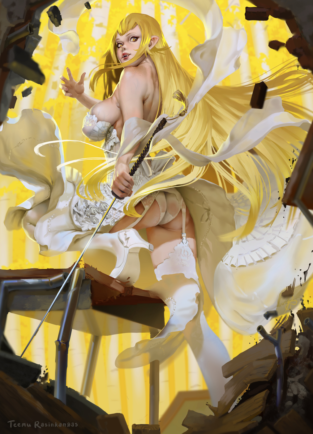 10s artist_name ass back backless_dress backless_outfit bare_back bare_shoulders blonde_hair breasts cleavage debris desk destruction dress fangs female fingernails from_behind garter_belt garter_straps high_heels highres holding holding_sword holding_weapon kiss-shot_acerola-orion_heart-under-blade kizumonogatari large_breasts left-handed long_hair looking_back monogatari_(series) no_bra panties pantyshot pointy_ears school_desk shawl shoes sideboob solo standing strapless strapless_dress sword tassel teemu_taiga thighhighs underwear upskirt vampire veins veiny_breasts very_long_hair weapon white_dress white_footwear white_legwear white_panties white_theme wind wind_lift yellow_eyes yellow_theme