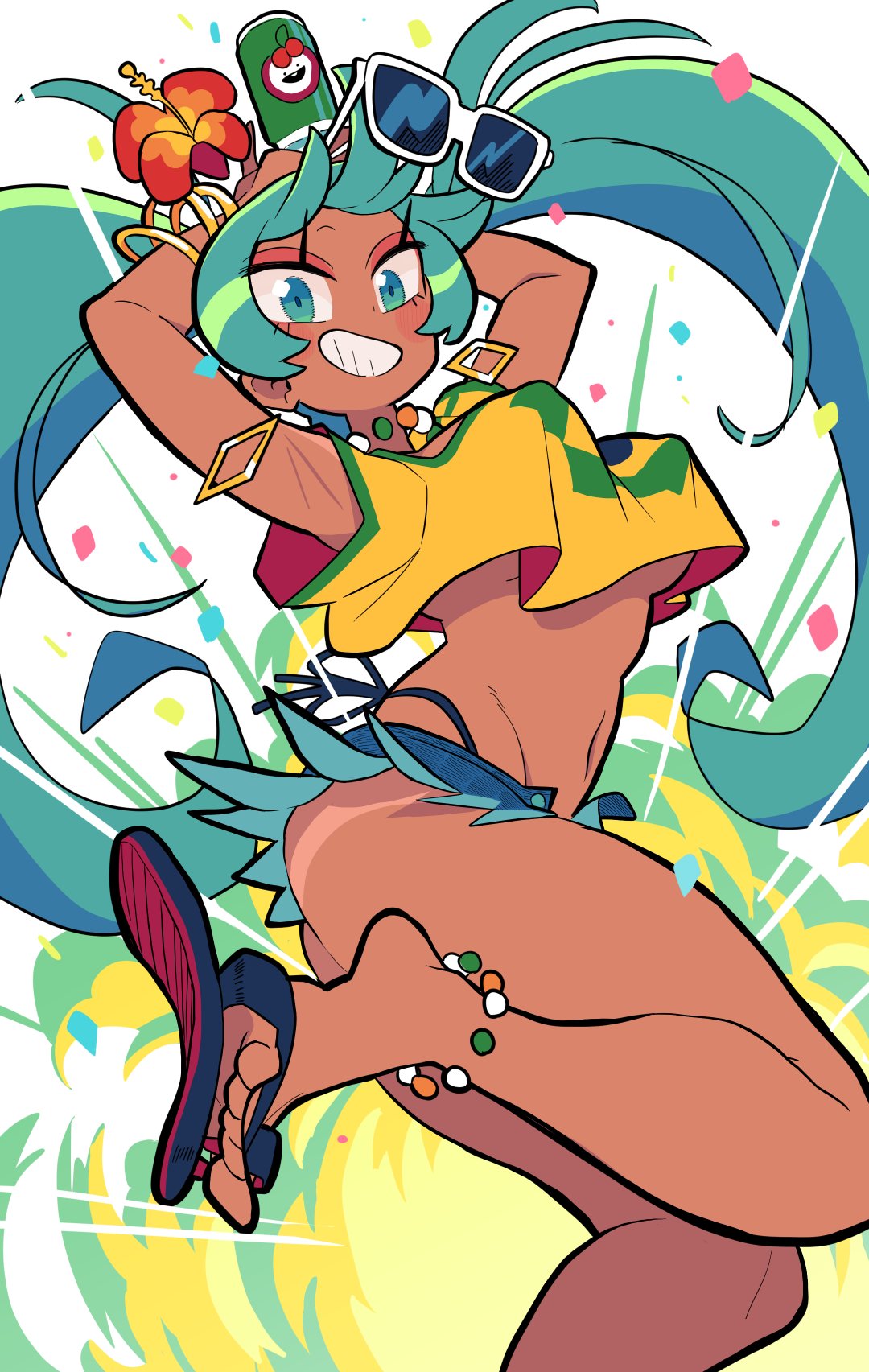 1girl, anklet, aqua eyes, aqua hair, armpits, arms up, ass, bikini, blue eyes, blue hair, blue shorts, blush, bracelet, brazil, brazilian miku, breasts, crop top, crop top overhang, dark skin, dark-skinned female, earrings, eyewear on head, feet, female, female only, fit, fit female, flip flops, flip-flops, flower, gashi-gashi, glasses, grin, hair flower, hair ornament, hands up, hatsune miku, headgear, hibiscus, hoop earrings, jewelry, long hair, looking at viewer, medium breasts, midriff, navel, necklace, nipple bulge, ponytail, pose, posing, sandals, shirt, short hair, shorts, smile, solo, sunglasses, swimsuit, tagme, tanned, thick thighs, tied hair, twintails, uejini, underboob, very long hair, vocaloid, voluptuous, yellow shirt