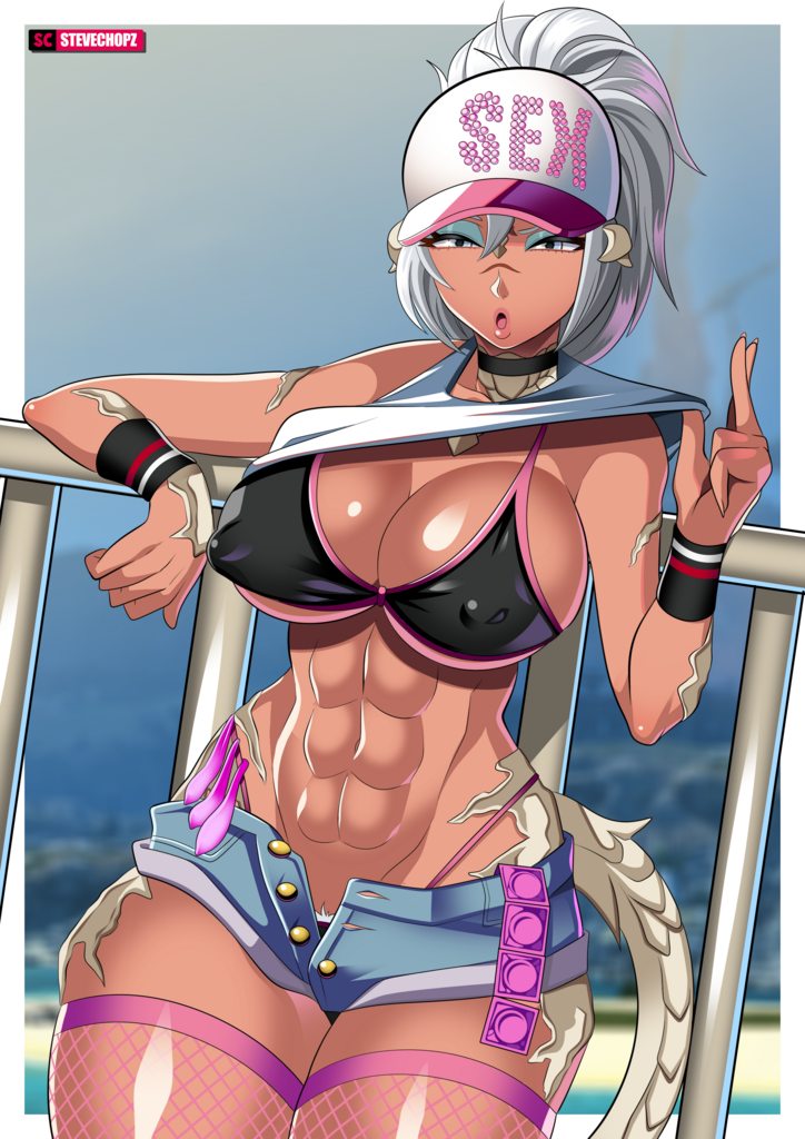 au ra, blue eyes, cleavage, condoms, final fantasy, final fantasy xiv, fishnets, large breasts, manu miao, muscular female, nipple bulge, platinum blonde hair, pubic hair, stevechopz, thick, thick thighs, used condoms
