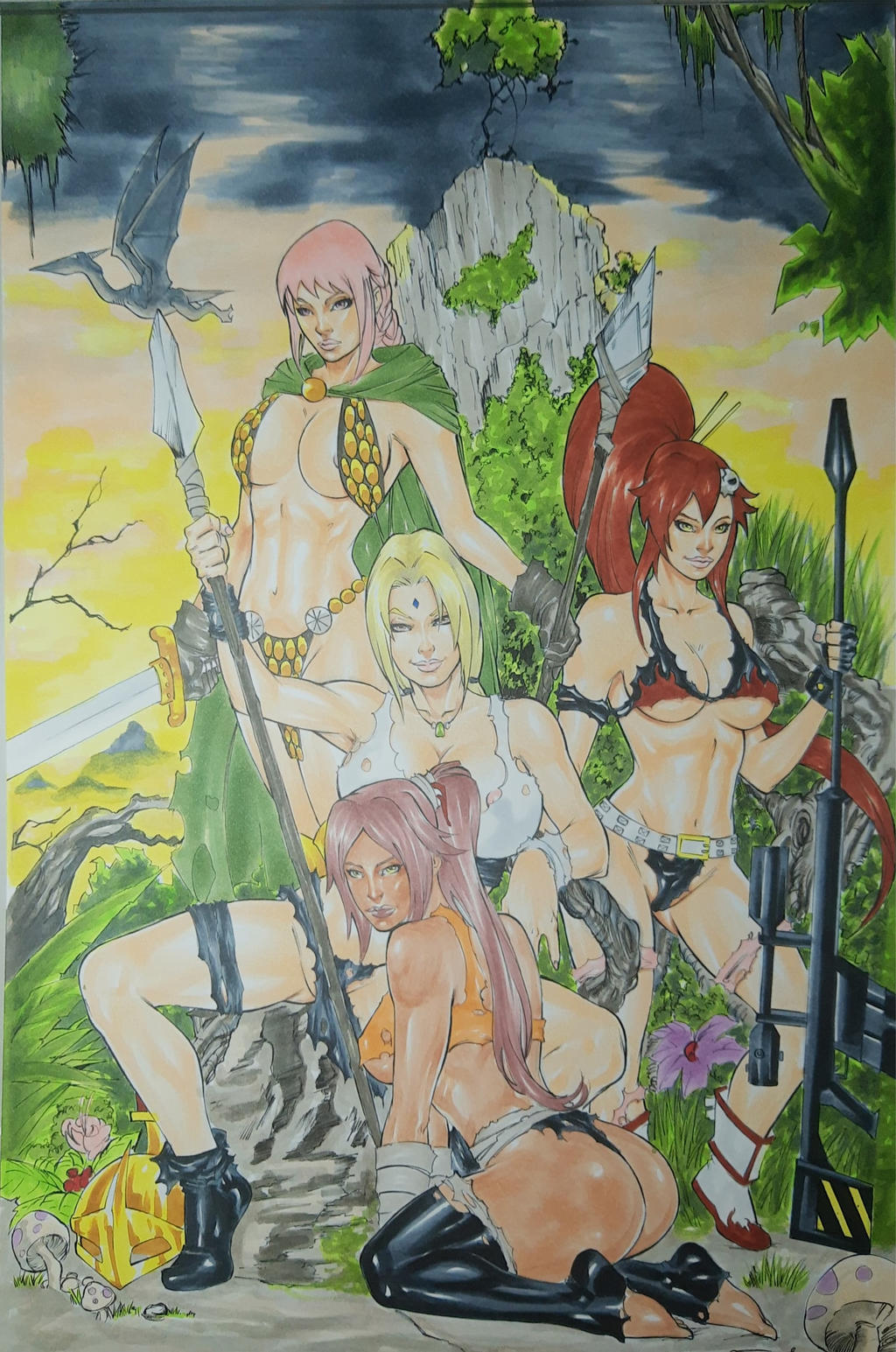 4girls bleach blonde_hair bubble_butt chainmail_bikini crossover female female_only forehead_mark harem huge_breasts large_breasts loincloth looking_at_viewer matheushenrique_(artist) multiple_girls naruto one_piece pink_hair ponytail purple_hair rebecca_(one_piece) red_hair savage_land shihouin_yoruichi sniper_rifle spear tengen_toppa_gurren_lagann torn_clothes tsunade voluptuous yoko_littner