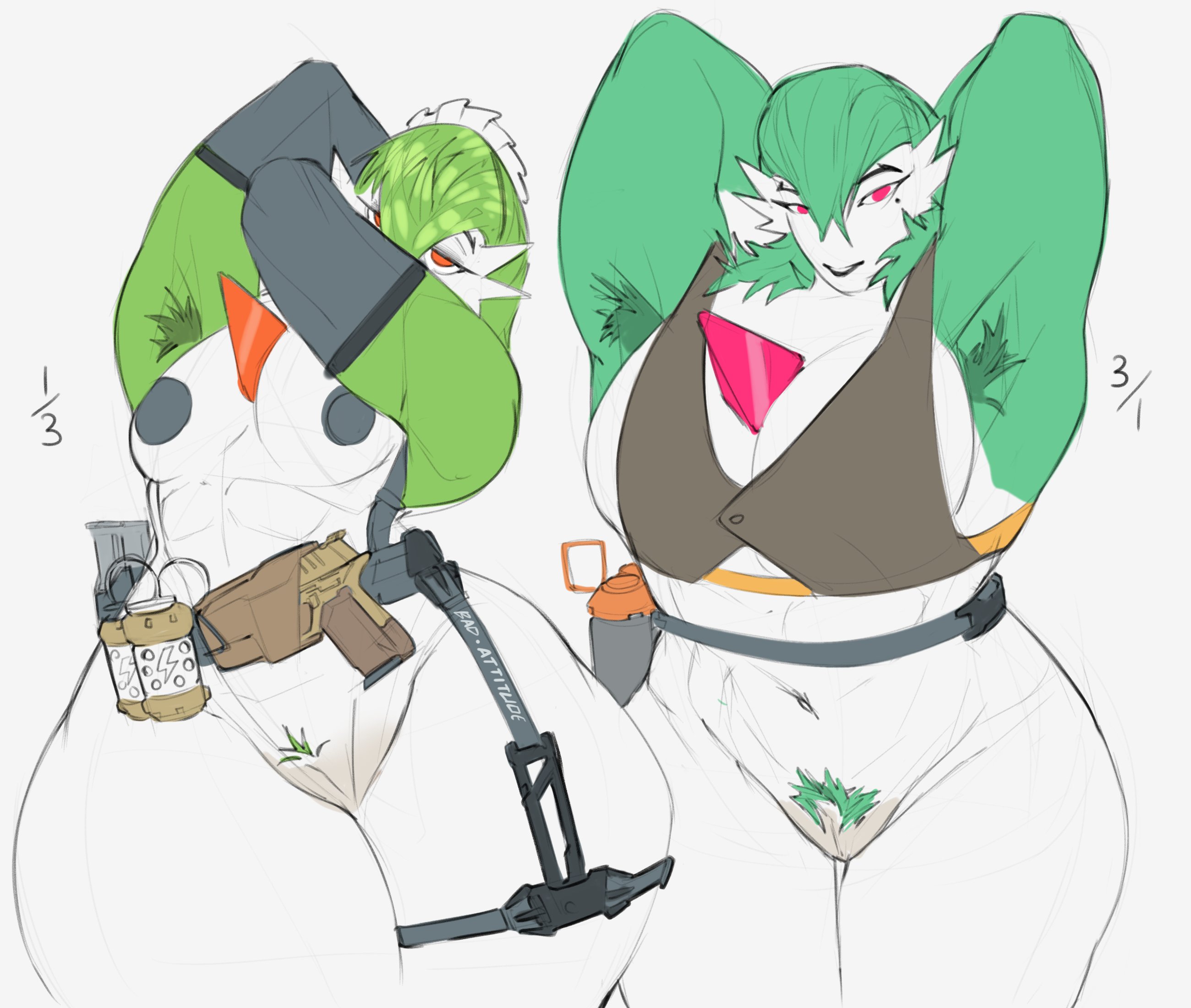 2girls, armpit hair, armpits, big breasts, gardevoir, looking at viewer, pokemon, pokemon (species), pubic hair, quattrant