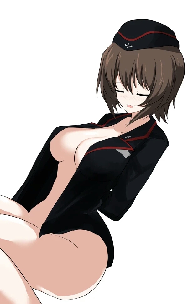 1girls arms_behind_back brown_hair closed_eyes female_only garrison_cap girls_und_panzer kuromorimine_military_uniform military_jacket military_uniform nishizumi_maho open_mouth open_shirt shirt_only short_hair simple_background sitting_down