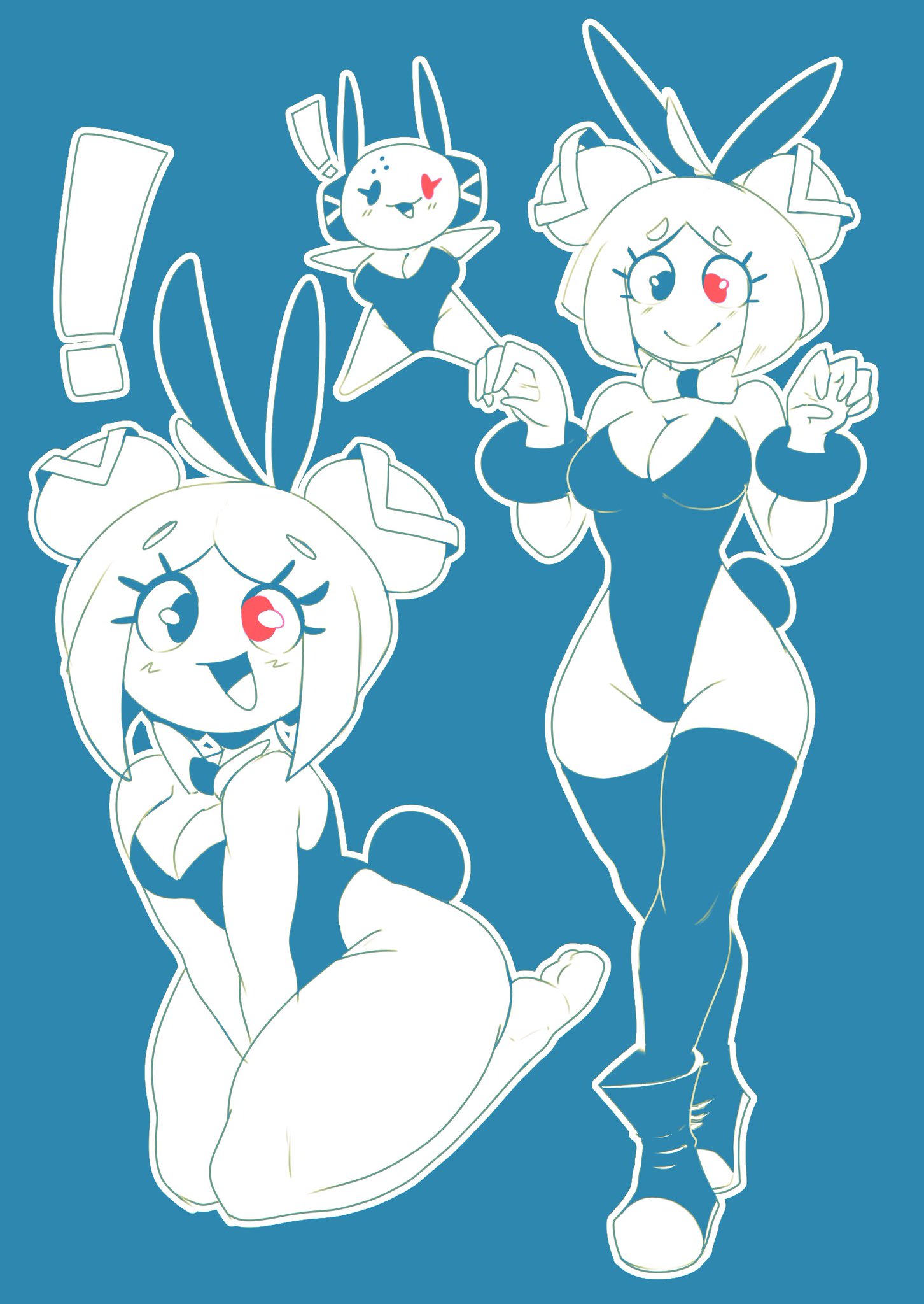 1girls, artist request, big breasts, blue-chan, breasts, bunny ears, bunnysuit, cleavage, cute, double bun, female, hair bun, heterochromia, leotard, thighhighs, thighs