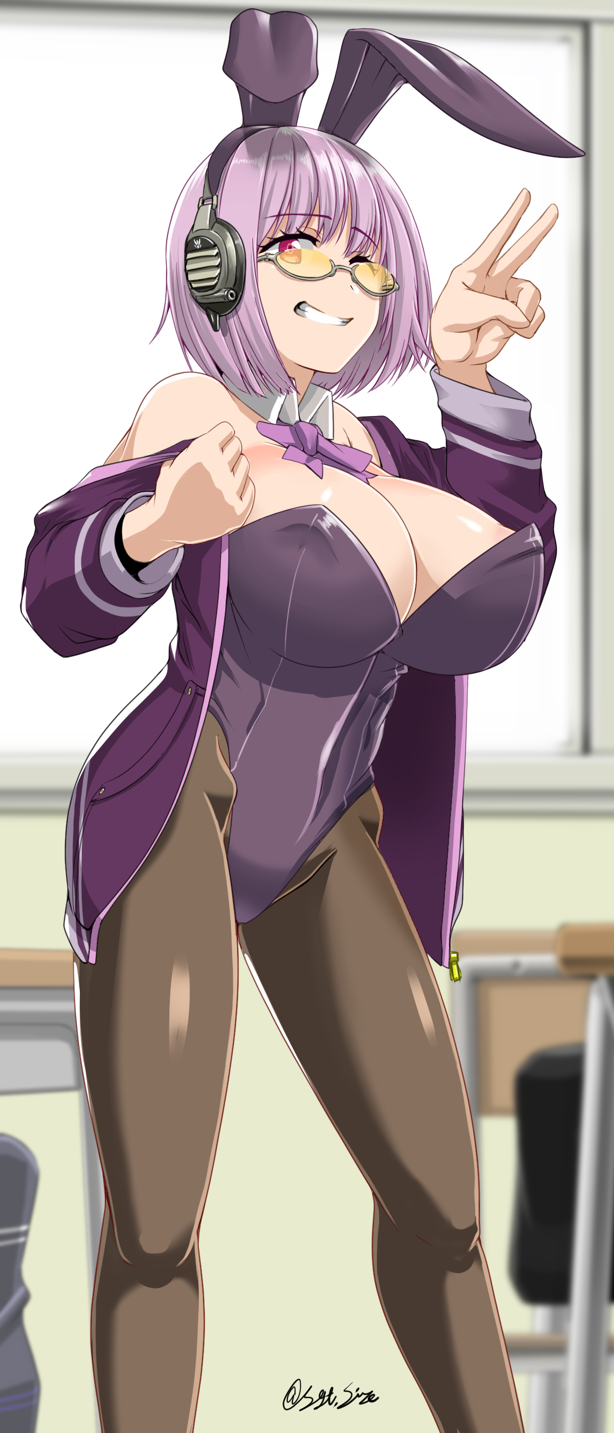 1girls, big breasts, bob cut, breasts, bunnysuit, female, female focus, female only, looking over eyewear, looking over glasses, looking over sunglasses, shinjou akane, short hair, ssss.gridman, sunglasses, tagme, tinted eyewear, yellow-tinted eyewear