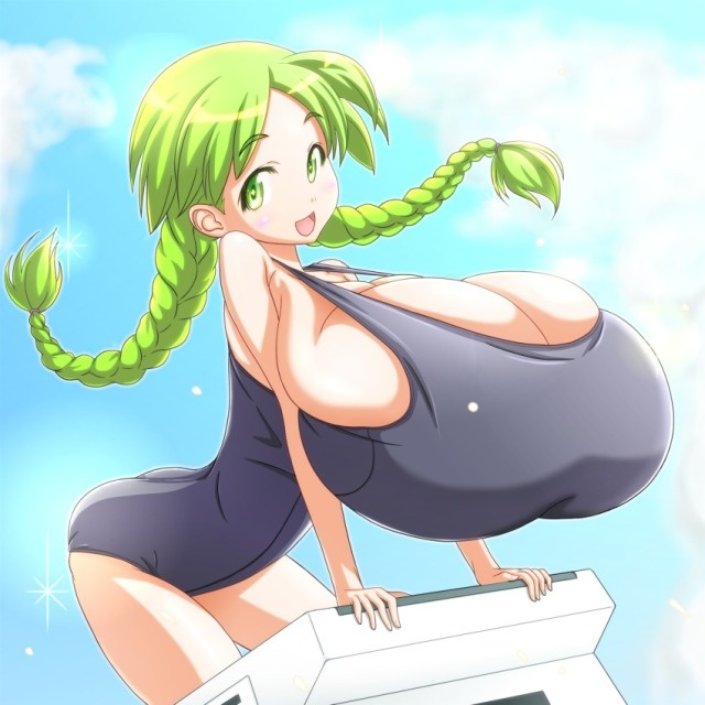 1girls, big breasts, breasts, breasts bigger than head, bursting breasts, character request, competition swimsuit, copyright request, enormous breasts, female, gigantic breasts, green hair, huge breasts, hyper breasts, kibino ido, large breasts, massive breasts, one-piece swimsuit, shortstack, swimsuit, tight clothing